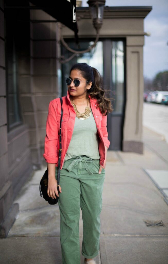 olive shirt grey pants