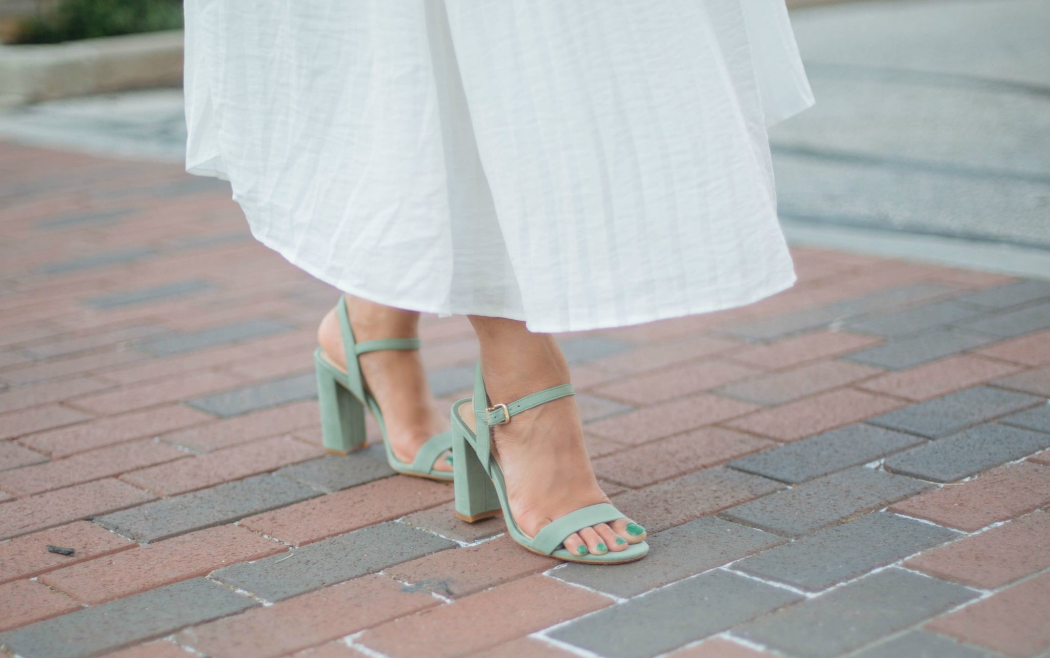 Gianni-bini-MCKARIA-block-heel-dress-sandals - An All White Summer Outfit featured by popular Ohio modest fashion blogger, Dreaming Loud