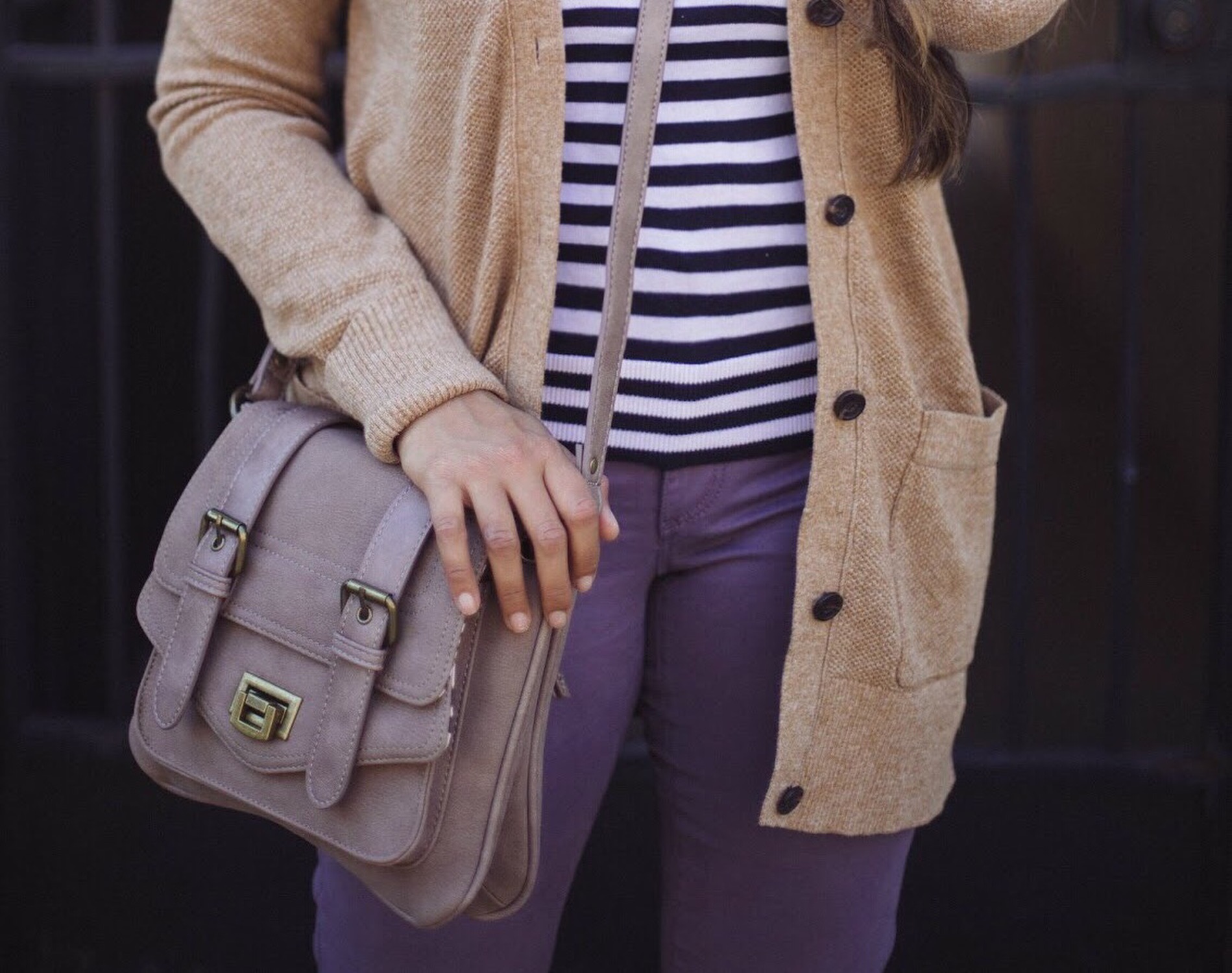 Lifestyle blogger Surekha of dreaming loud wearing pinkstix military crossbody bag | How to Wear Purple Jeans: 3 Unique Ways featured by popular Ohio modest fashion blogger, Dreaming Loud