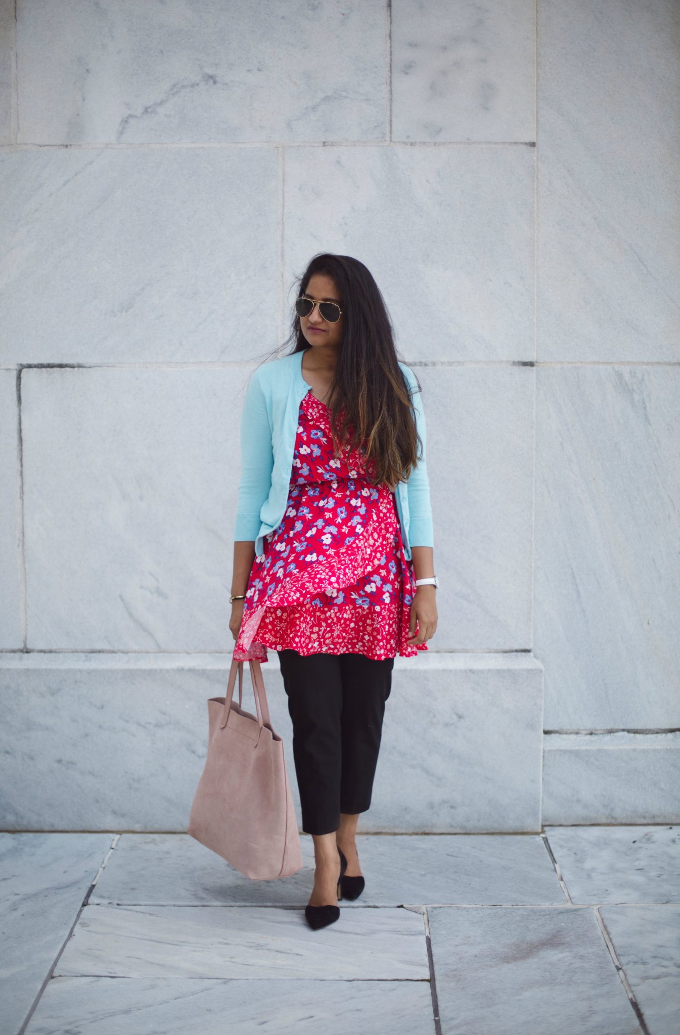 how-to-wear-light-blue-cardigan-to-work-in-5-ways-by-dreaming-loud-2 - J.Crew factory light blue cardigan styled by popular Ohio modest fashion blogger, Dreaming Loud