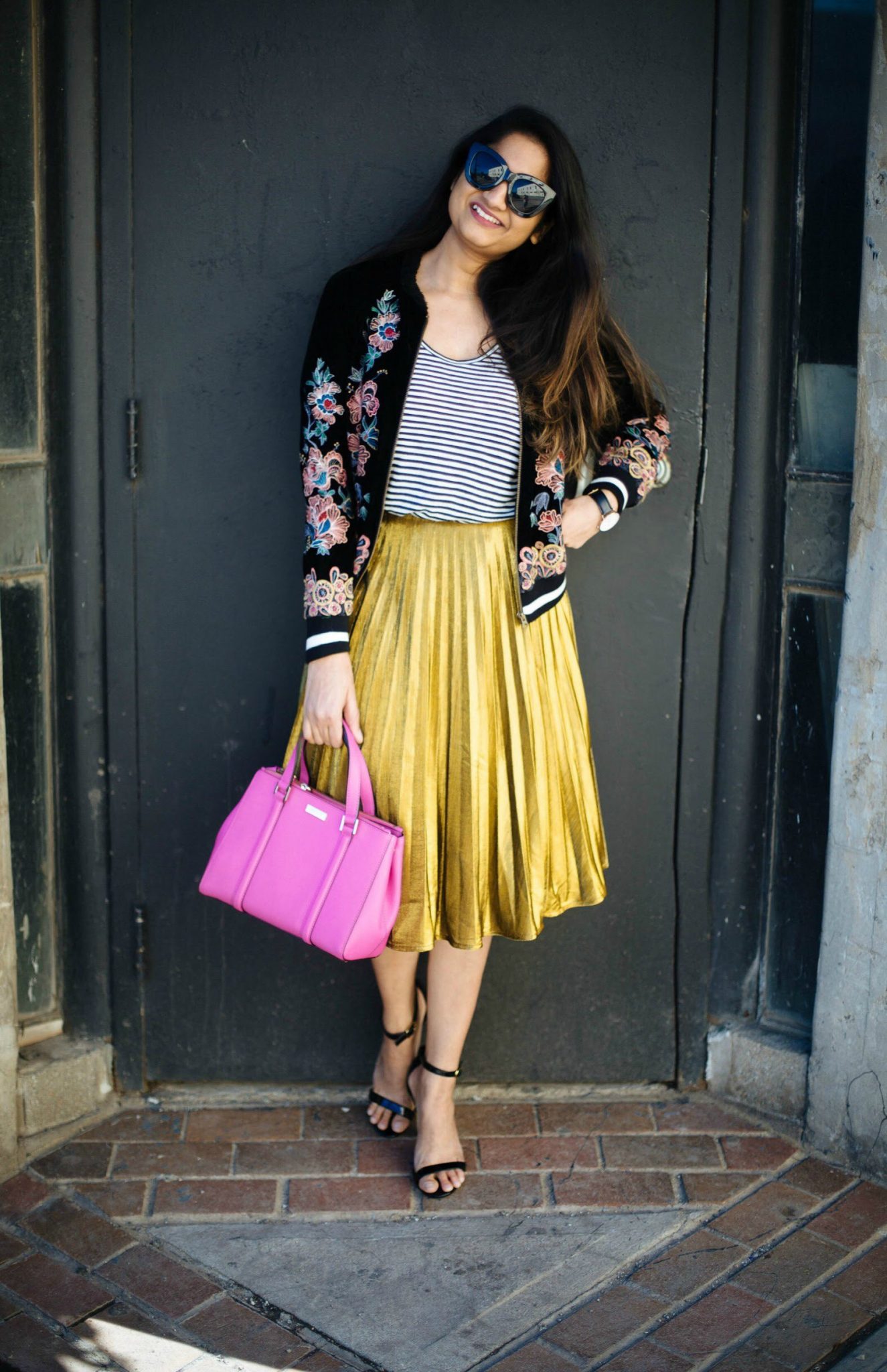 Lifestyle Blog Dreaming loud sharing how to wear metallic skirt casually with embroidery floral bomber jacket - Spring Outfit Ideas featured by popular Ohio modest fashion blogger, Dreaming Loud