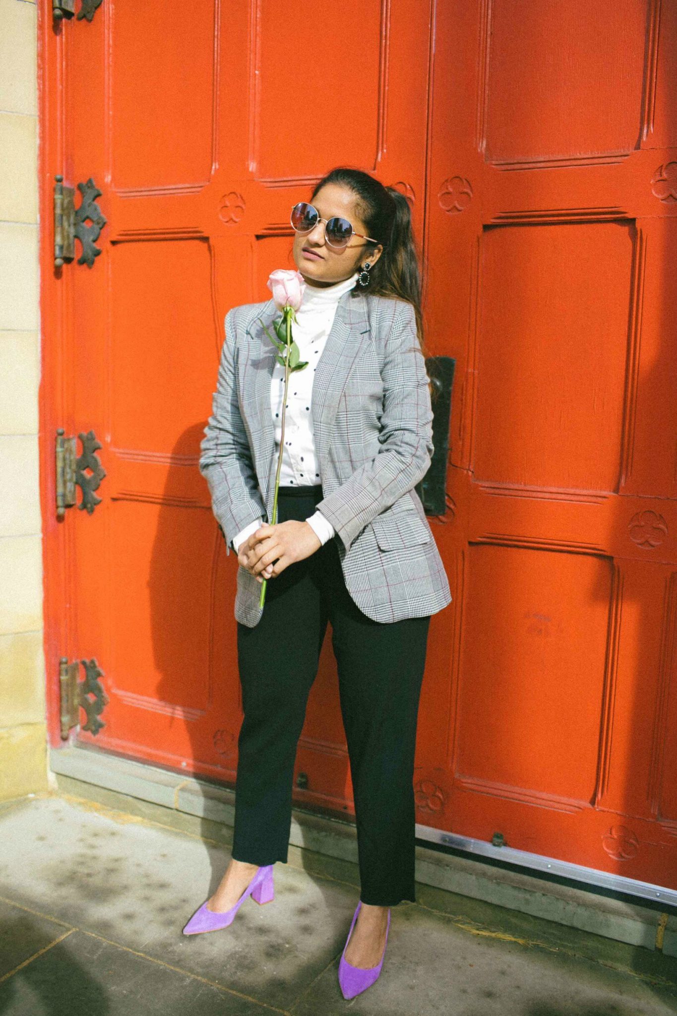 Lifestyle Blog Dreaming loud wearing Polka dot shirt with Plaid blazer - Spring Outfit Ideas featured by popular Ohio modest fashion blogger, Dreaming Loud