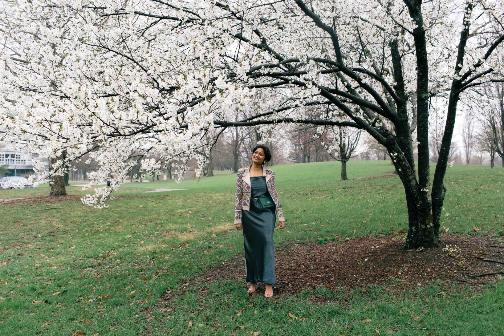 Modest fashion and lifestyle blog dreaming loud wearing banana republic Textured Satin Bias-Cut Maxi Slip Dress and standing under cherry blossom tree spring 2018 - How to Start a blog by popular Ohio blogger, Dreaming Loud