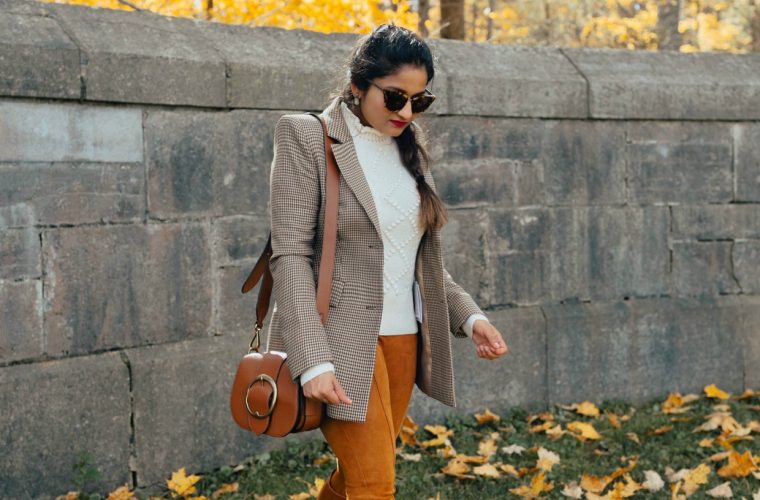 wearing Ralph Lauren Pebbled Leather Lennox Bag Saddle | The Best Fall Boots Under $150 featured by top Ohio fashion blog, Dreaming Loud: over the knee leather boots