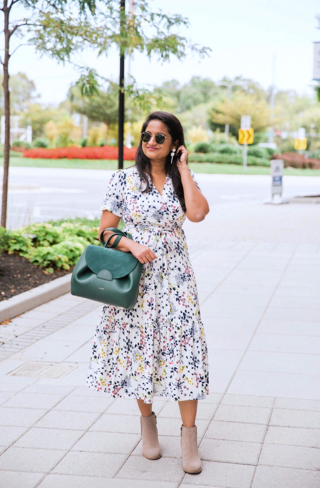 Early Fall Fashion: Floral Midi Dress with Trench coat and Booties ...