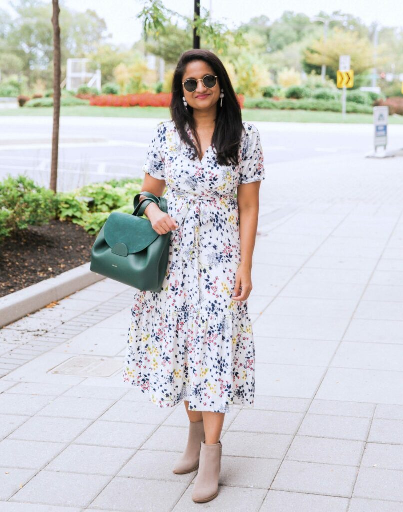 Early Fall Fashion: Floral Midi Dress with Trench coat and Booties ...