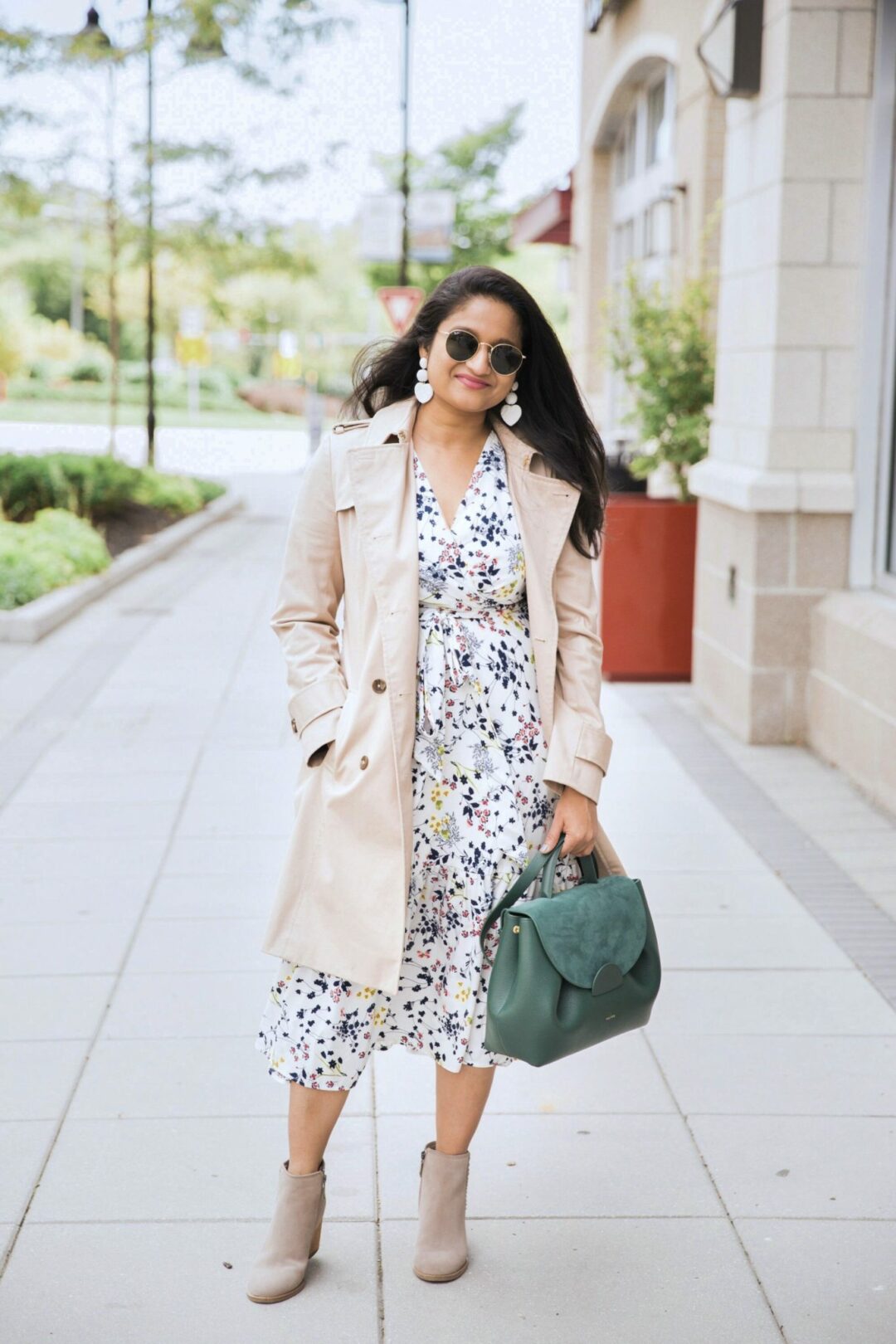 Early Fall Fashion: Floral Midi Dress with Trench coat and Booties ...