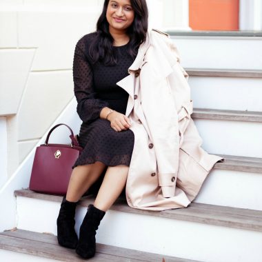 wearing skirt society Althea Black Swissdot Dress, brooks brother trench coat, banana republic Althea Black Swissdot Dress, Kate spade omy medium satchel