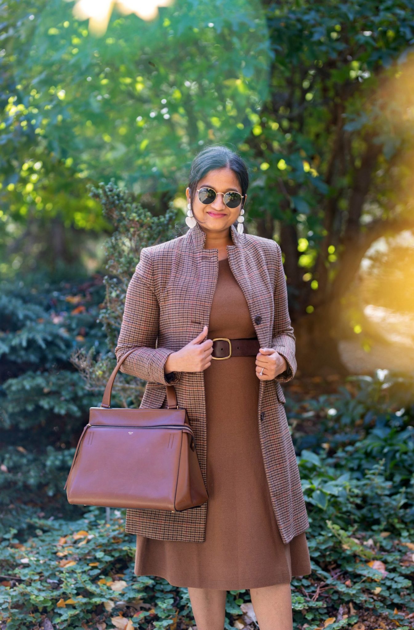 Wearing Uniqlo Merino Sweater dress, Lauren Ralph Lauren Single Breasted Reefer plaid Coat, Marc Fisher Ulani boots