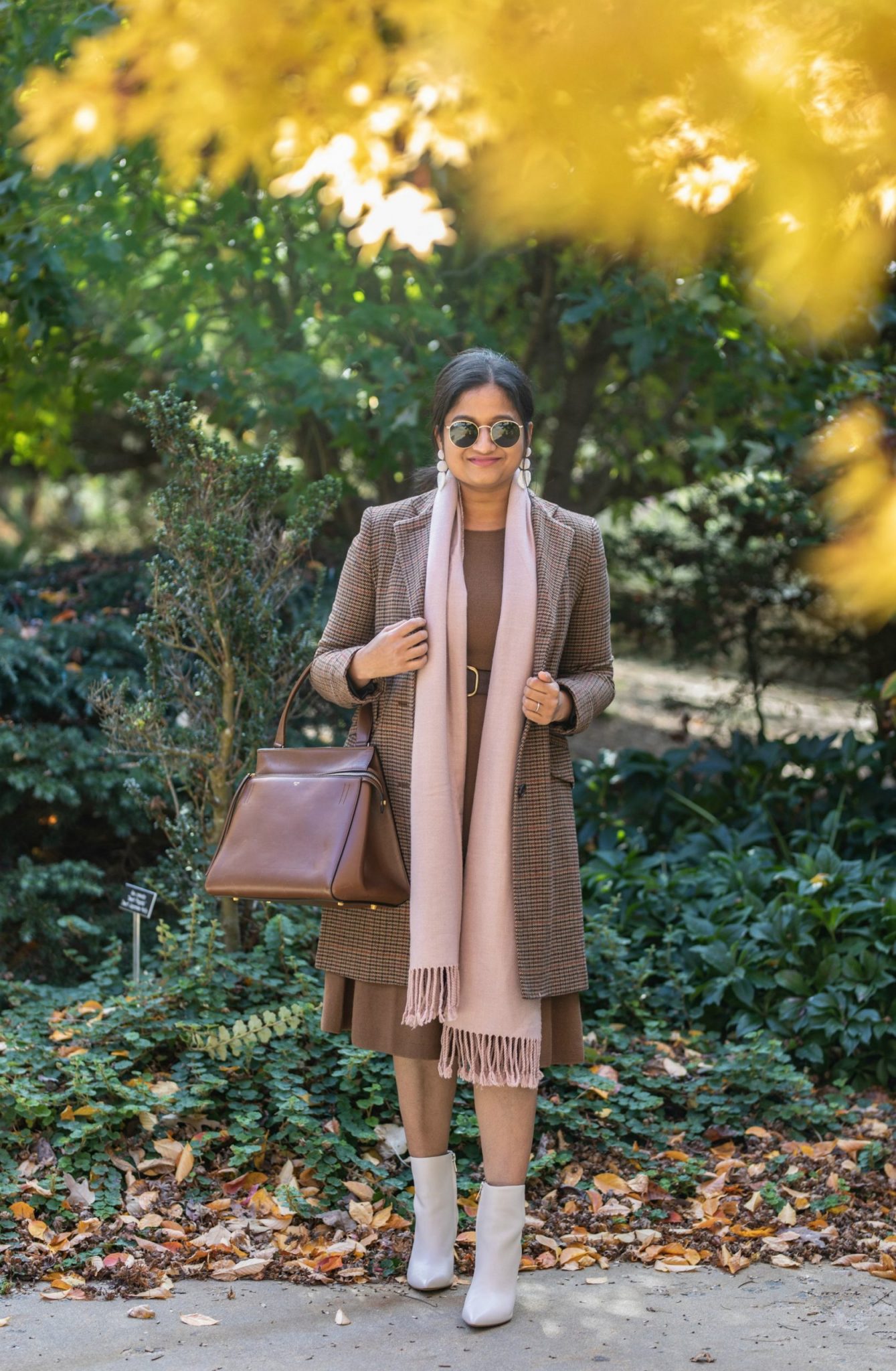 Wearing Uniqlo Merino Sweater dress, Lauren Ralph Lauren Single Breasted Reefer plaid Coat, Marc Fisher Ulani boots