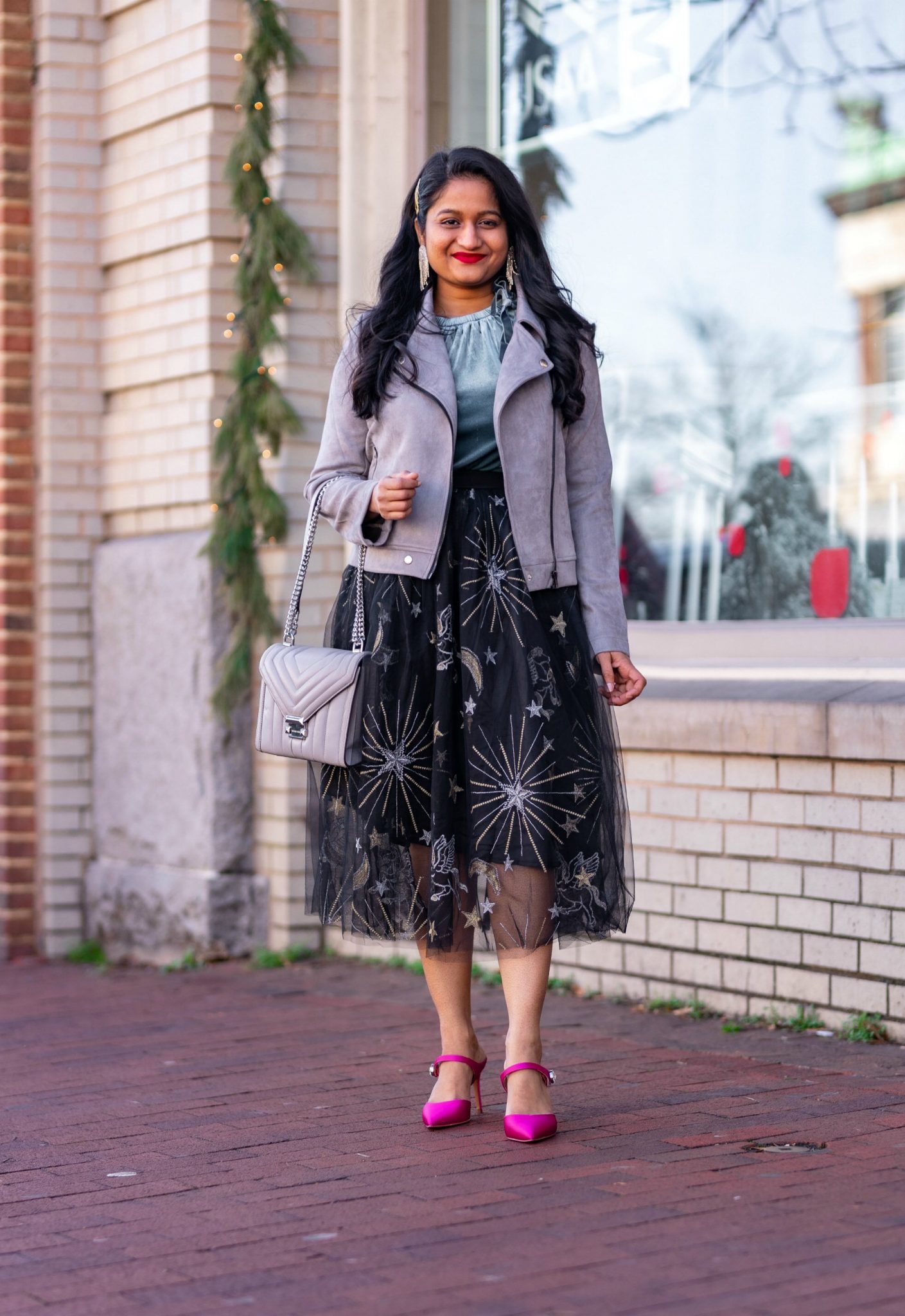 Affordable New Years Eve Outfits to Ring In the New Year featured by top US modest blog, Dreaming Loud: Alcea Rosea Black Tulle tutu Skirt, Velvet Camisole, Banana Republic Satin Pink Heels, Allegra K Fashion Faux Suede Jacket