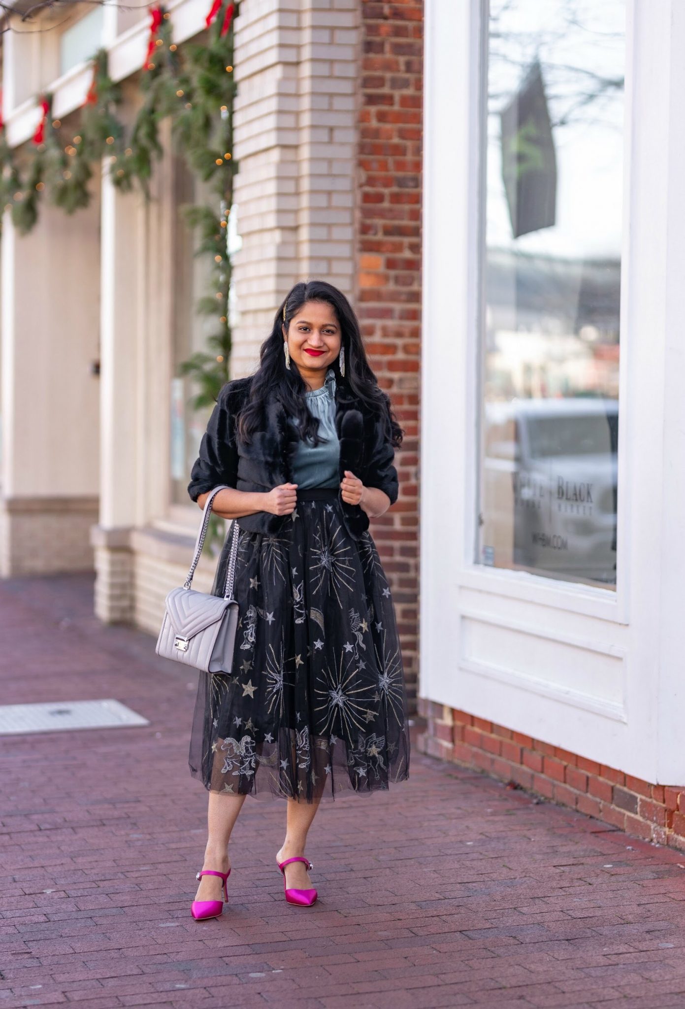 Affordable New Years Eve Outfits to Ring In the New Year featured by top US modest blog, Dreaming Loud: Alcea Rosea Black Tulle tutu Skirt, Velvet Camisole, Banana Republic Satin Pink Heels, WHBM Faux Bolero Jacket