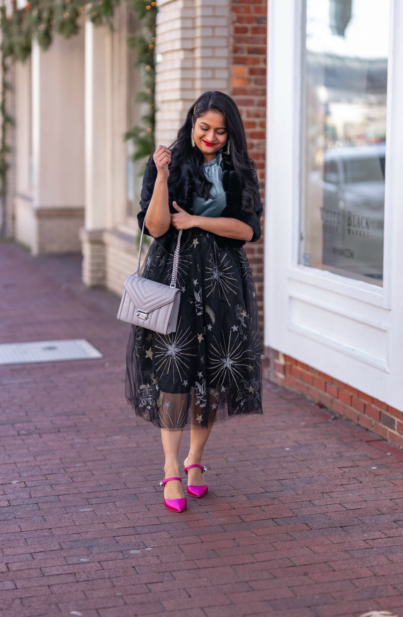 Affordable New Years Eve Outfits to Ring In the New Year featured by top US modest blog, Dreaming Loud: Alcea Rosea Black Tulle tutu Skirt, Velvet Camisole, Banana Republic Satin Pink Heels, WHBM Faux Bolero Jacket2