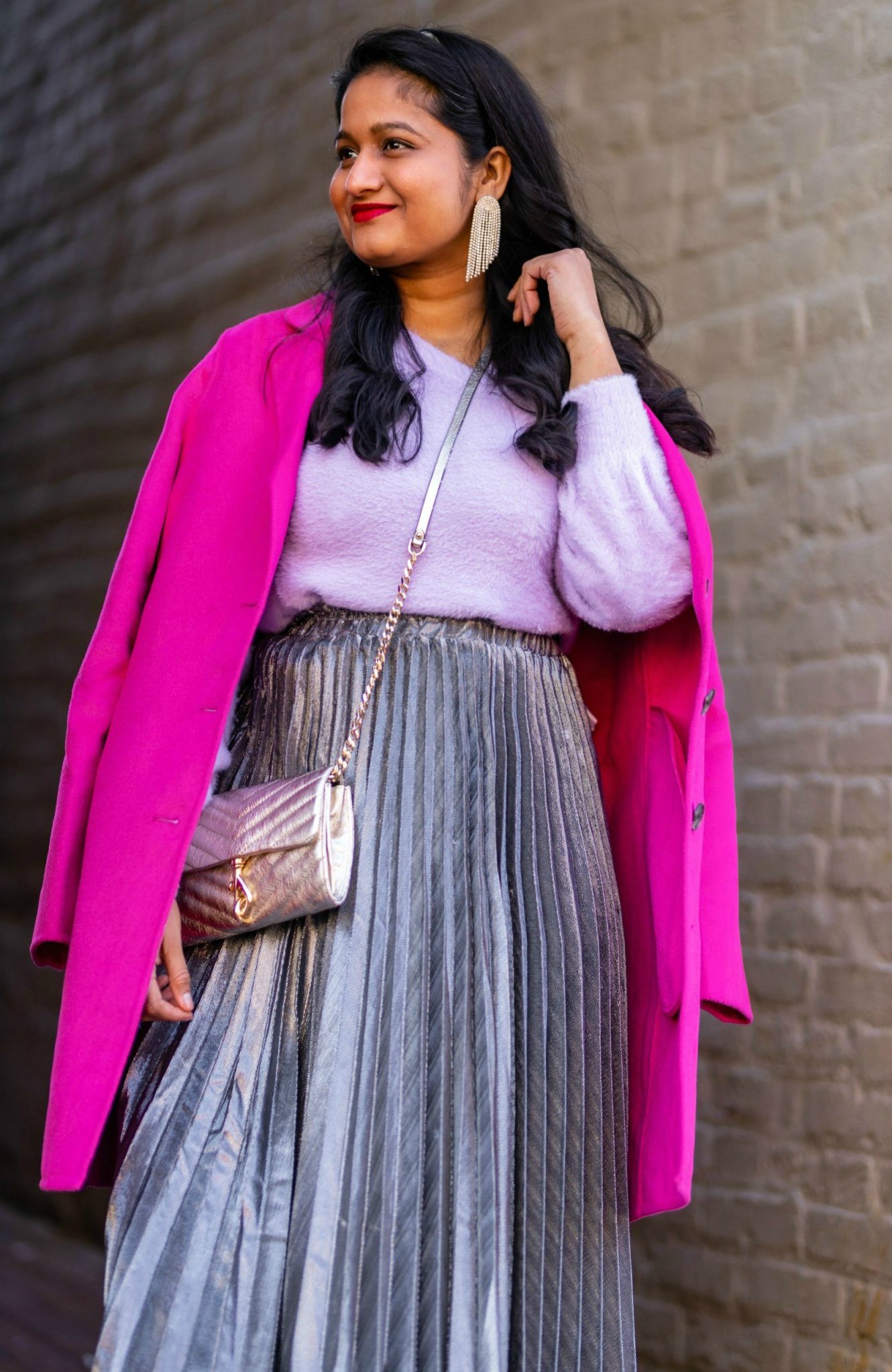 Amazon Holiday Fashion Favorites Under $50, featured by top US modest fashion blog, Dreaming Loud: image of a woman wearing Halogen Fuzzy V-Neck Sweater, amazon Silver pleated midi skirt,Banana Republic Topcoat in hot pink, Boden Burgundy knee high boots