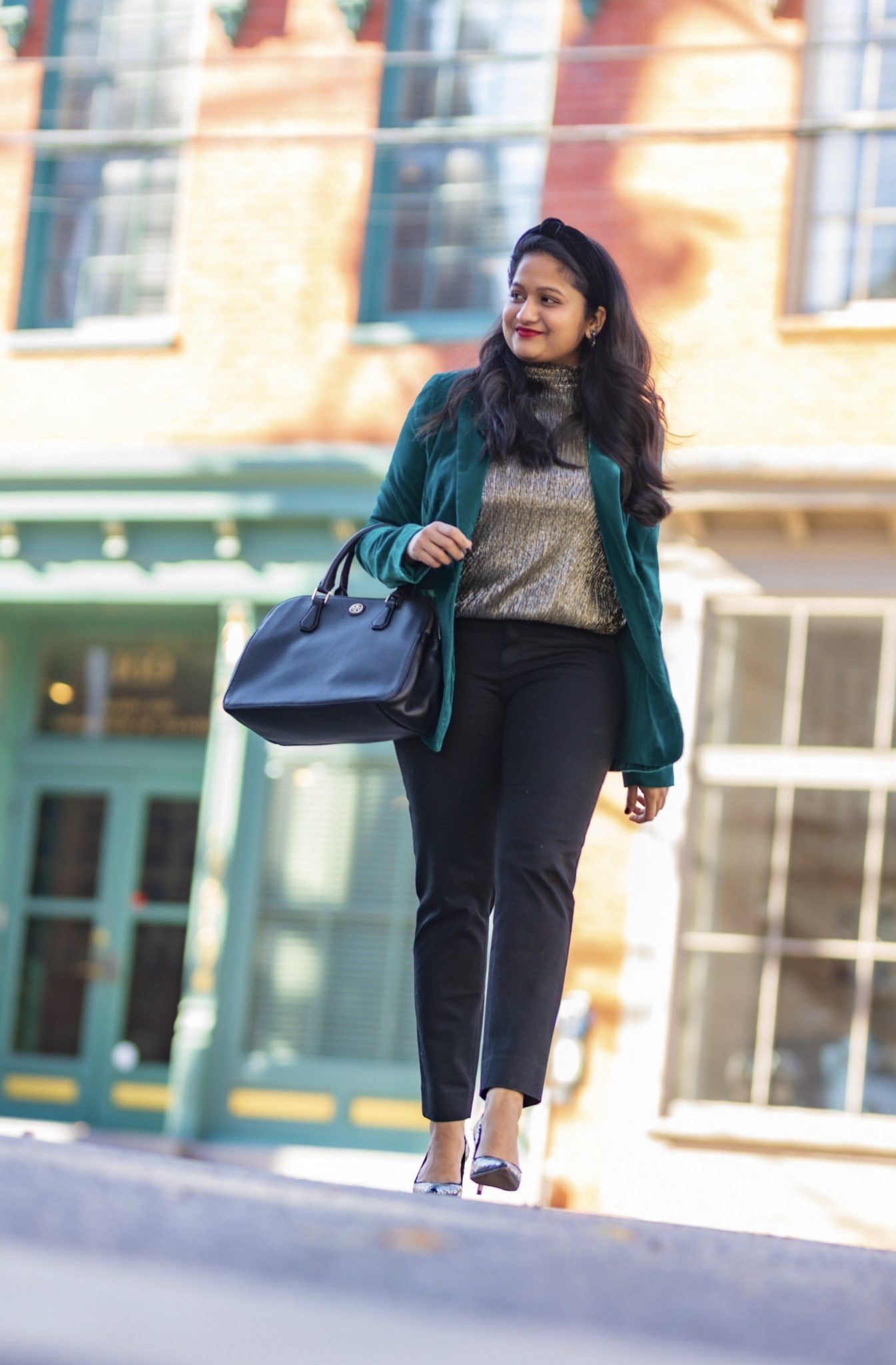 5 Cute Christmas Party Outfits by popular Maryland modest fashion blog, Dreaming Loud: image of a woman wearing INC International Concepts Velvet Blazer,Banana Republic. blaxk Trousers, metallic gold top, tory Burch robinson Tote.