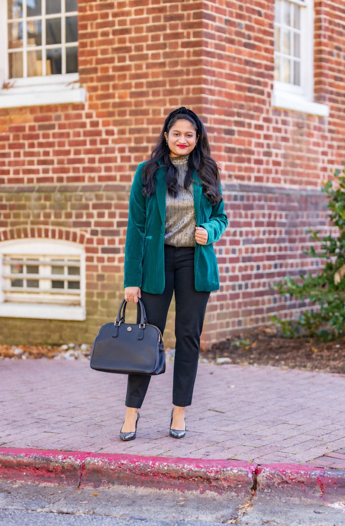 5 Cute Christmas Party Outfits by popular Maryland modest fashion blog, Dreaming Loud: image of a woman wearing INC International Concepts Velvet Blazer,Banana Republic. blaxk Trousers, metallic gold top, tory Burch robinson Tote.