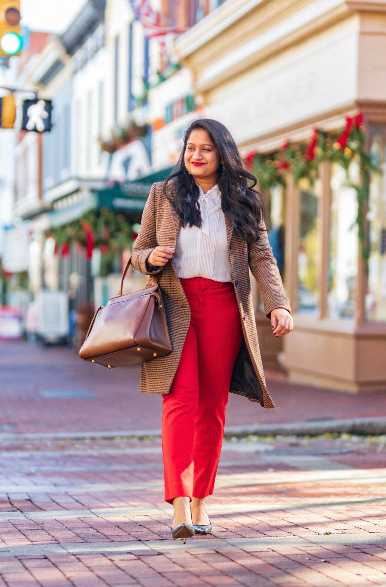 5 Cute Christmas Party Outfits by popular Maryland modest fashion blog, Dreaming Loud: image of a woman wearing wearing Lauren Ralph Lauren Single Breasted Reefer Coat, Banana republic red sloan trousers.