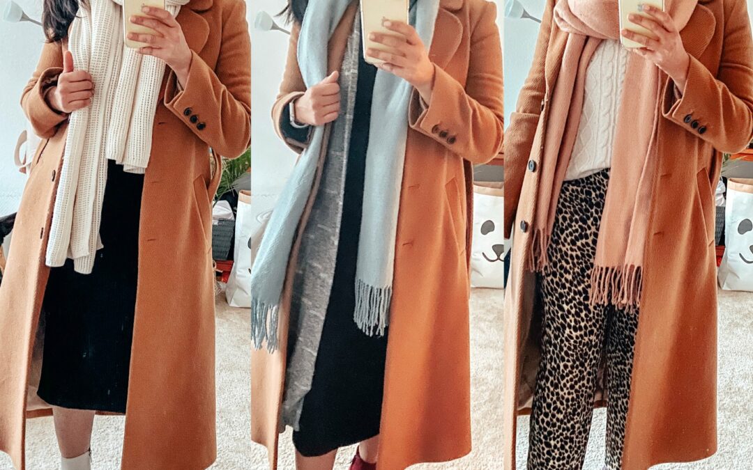 3 Camel Coat Outfits for Work with Different Color Scarves and Best Camel Coat under $250