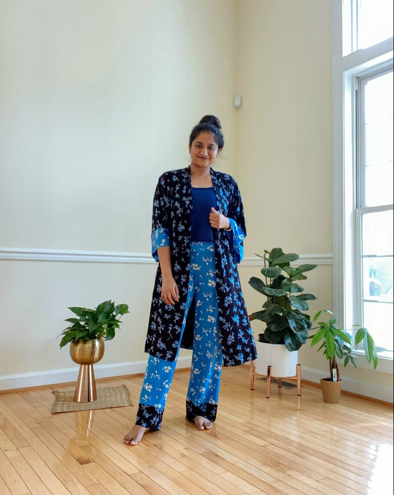 Wearing Soma intimates Cool floral wrap, floral pajama pants,Pajama Swing Cami 1 | Casual Outfits by popular Maryland lifestyle blog, Dreaming Loud: image of a woman wearing a Soma intimates Cool floral wrap, floral pajama pants, and Pajama Swing Cami.