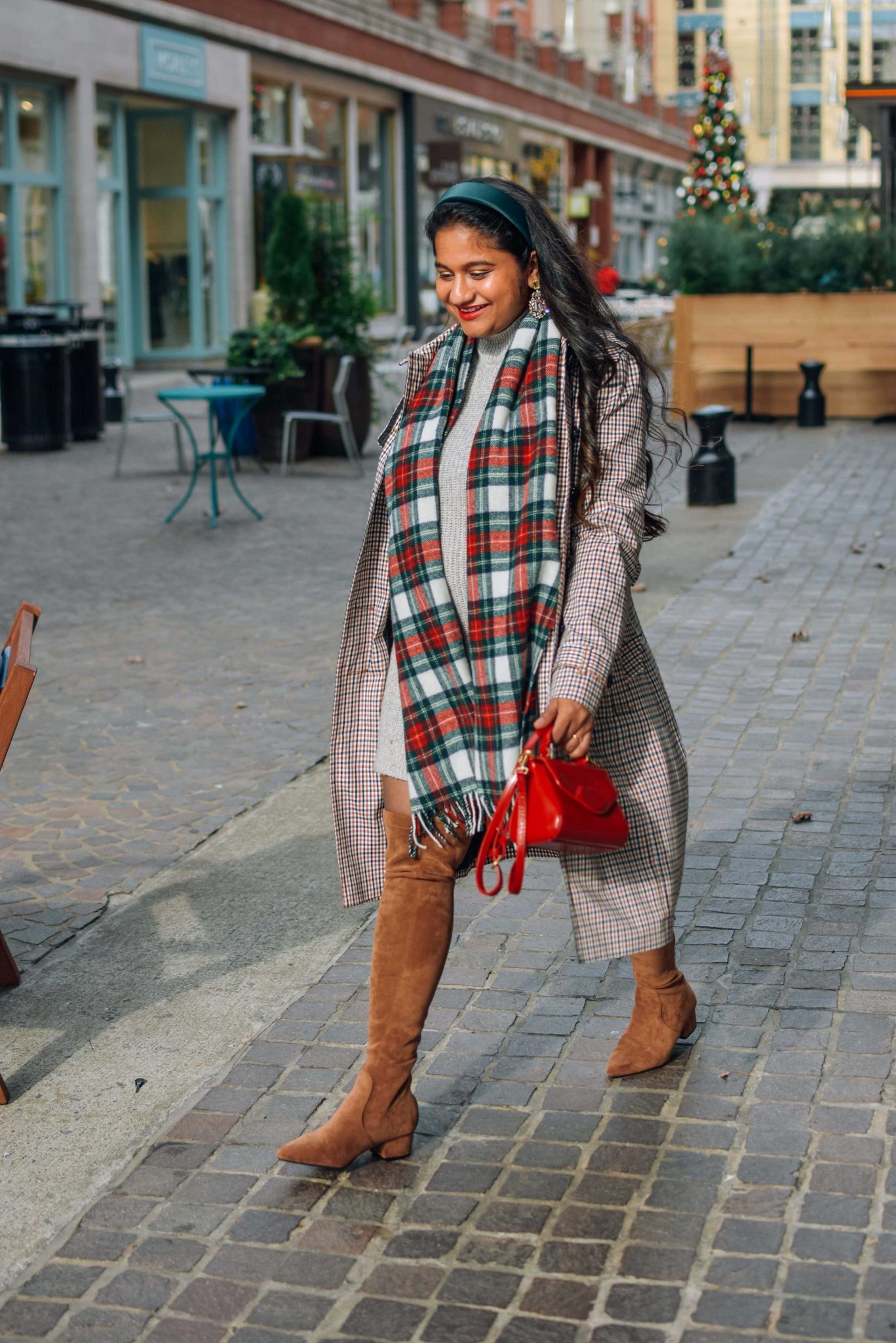 10 Winter Essentials For a Cozy Look featured by top Maryland modest fashion blogger, Dreaming Loud: image of a woman wearing Talbots POLISHED PLAID TRENCH COAT, American eagle sweater dress, Amazon N.N.G Over Knee Long Boots, J.crew Tartan scarf