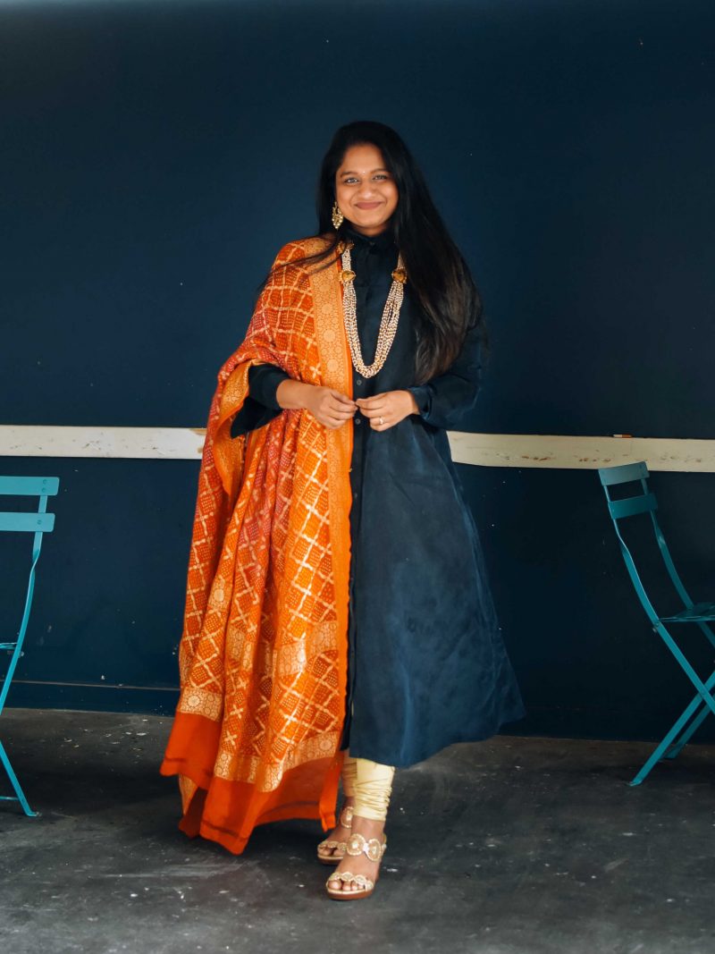 Sankranti Outfit- Wearing The Frock NYC dress, bandhani dupatta,Jack Roger Lauren Wedge Sandals, Pearl necklace- Indo western outfit ideas