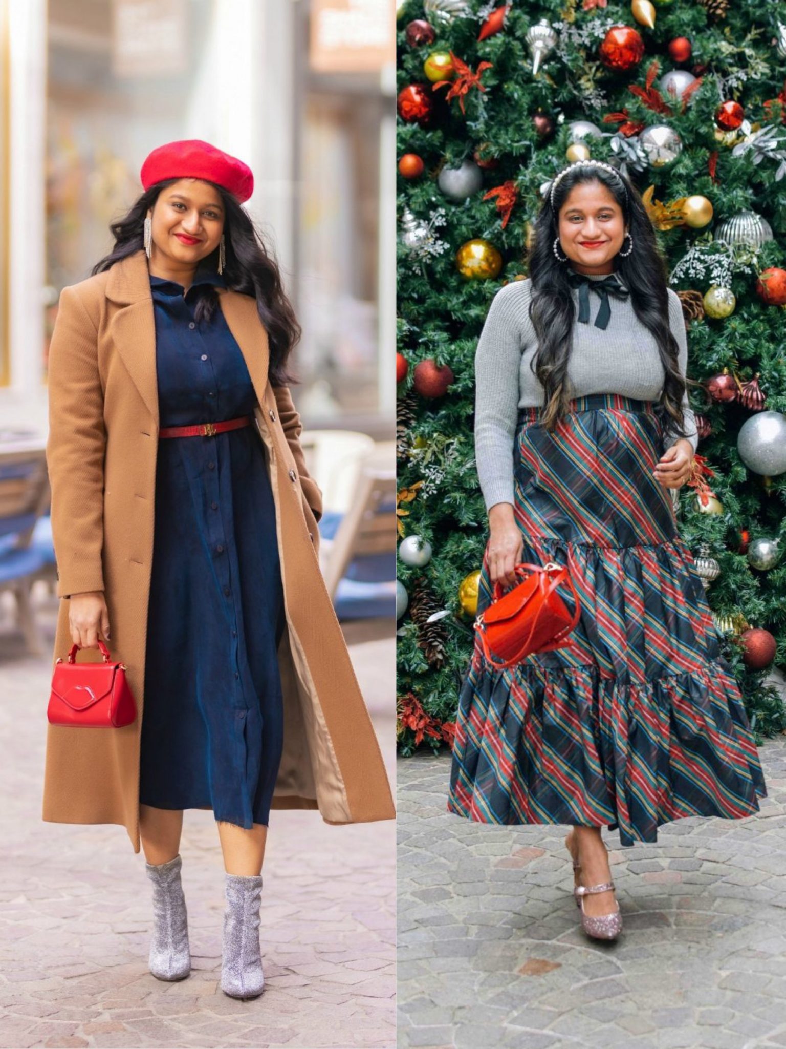 How to style Lulu Guinness MINI Izzy Red Crossbody Bag |   Handbags Under $500 by popular Maryland modest fashion blog, Dreaming Loud: collage image of a woman holding a Lulu Guinness Mini Izzy red crossbody bag.