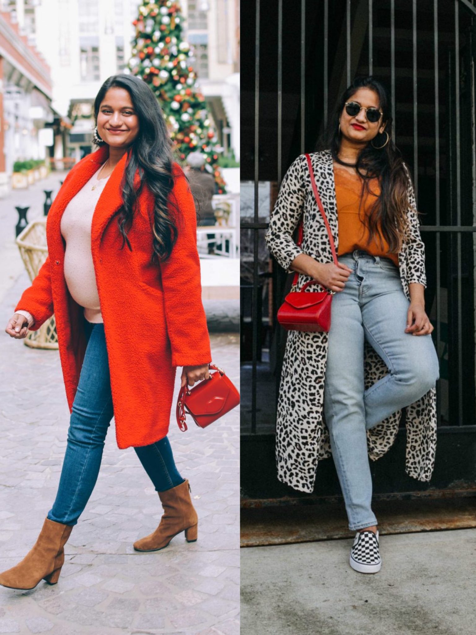 How to style small red cross body bag |  Handbags Under $500 by popular Maryland modest fashion blog, Dreaming Loud: collage image of a woman holding a Lulu Guinness Mini Izzy red crossbody bag. 