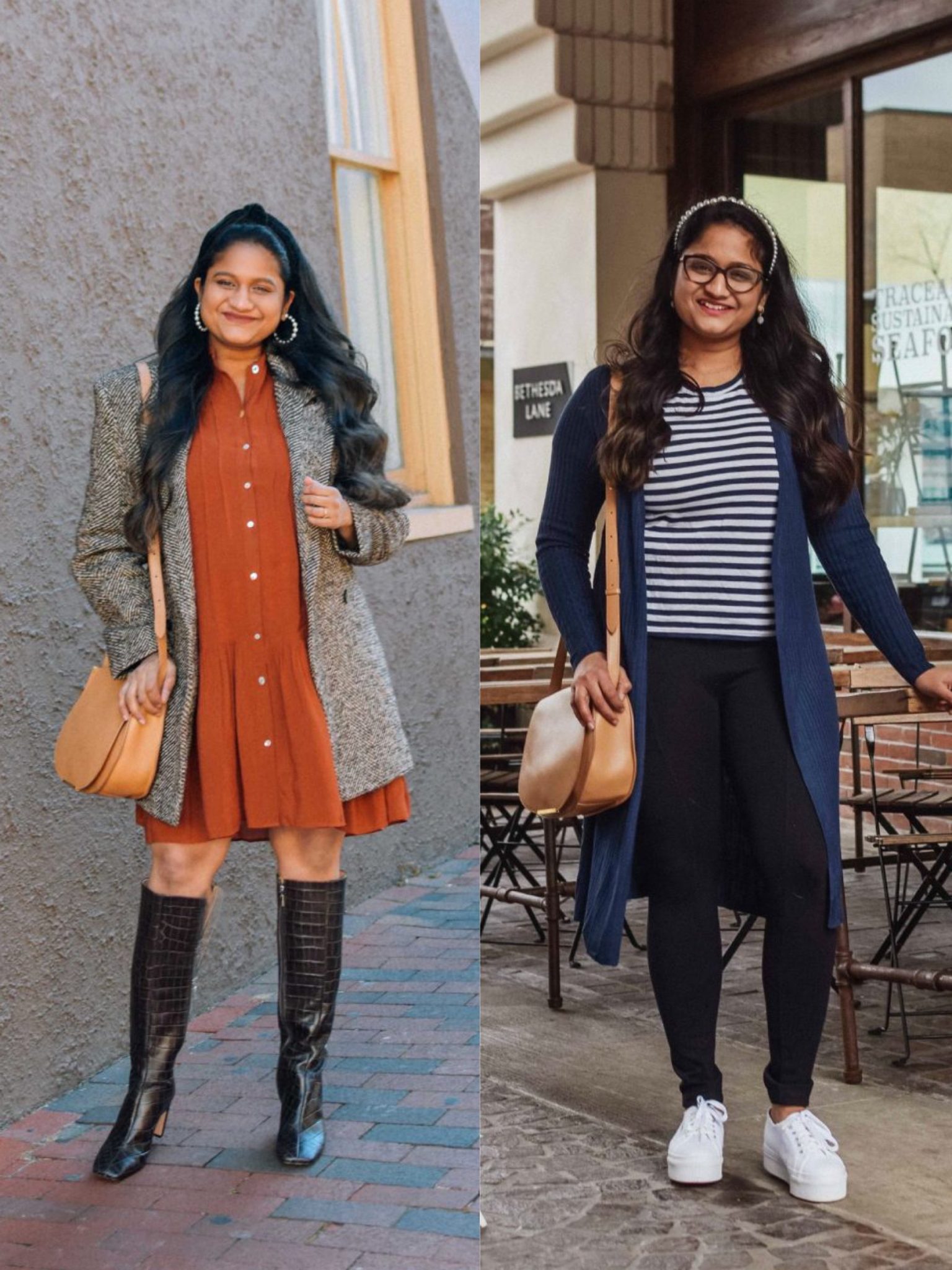 How to wear Cuyana Half Moon Shoulder Bag | Handbags Under $500 by popular Maryland modest fashion blog, Dreaming Loud: collage image of a woman wearing a orange button front dress, back tweed jacket, black knee high boots, blue and white strip skirt, blue cardigan, black stretch pants, white sneaker, and a Cuyanna half moon crossbody bag. 