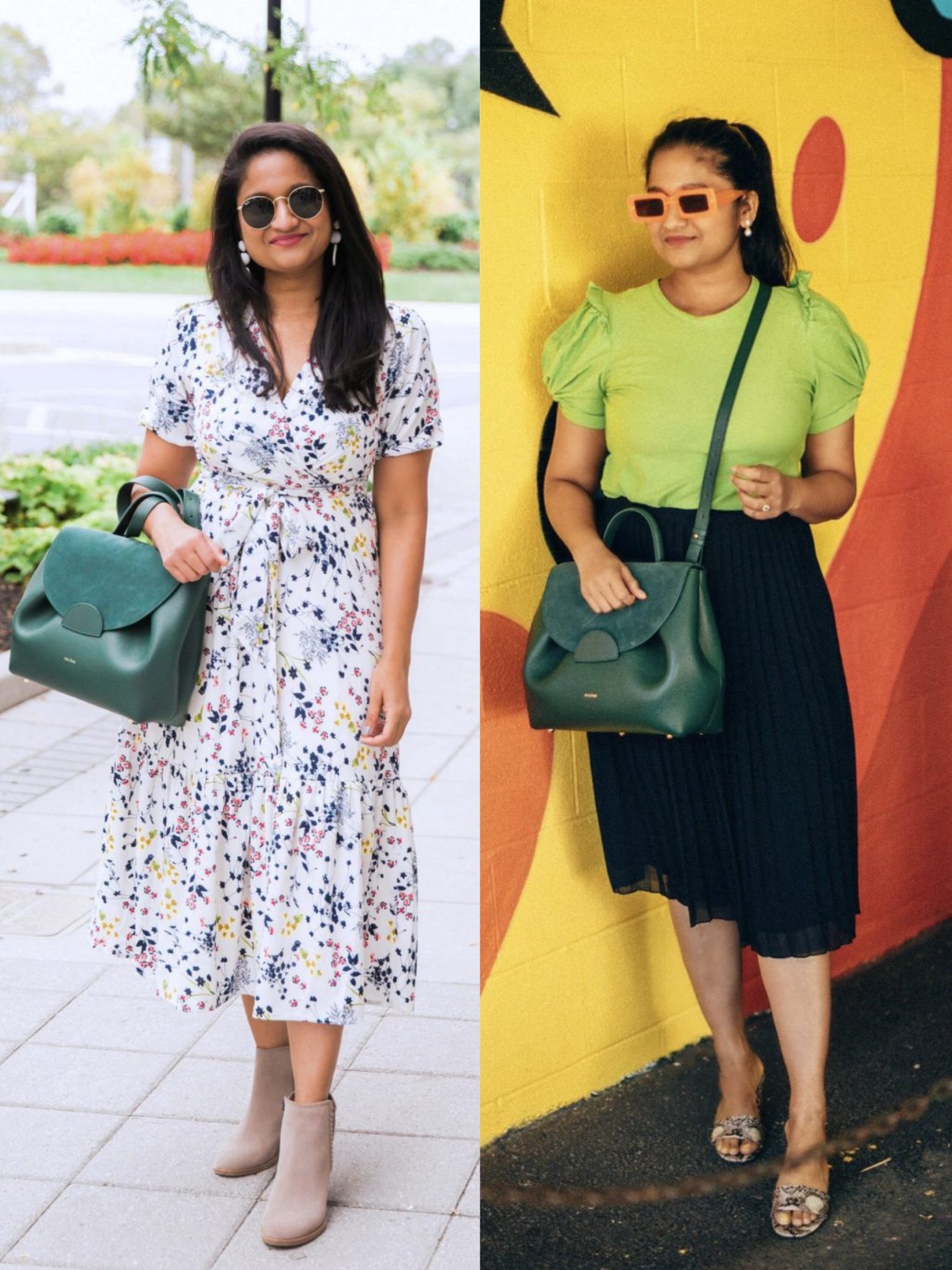 How to wear Polene Numero un bag in Trio green |  Handbags Under $500 by popular Maryland modest fashion blog, Dreaming Loud: collage image of a woman holding a Polene Numero Un in Trio green.