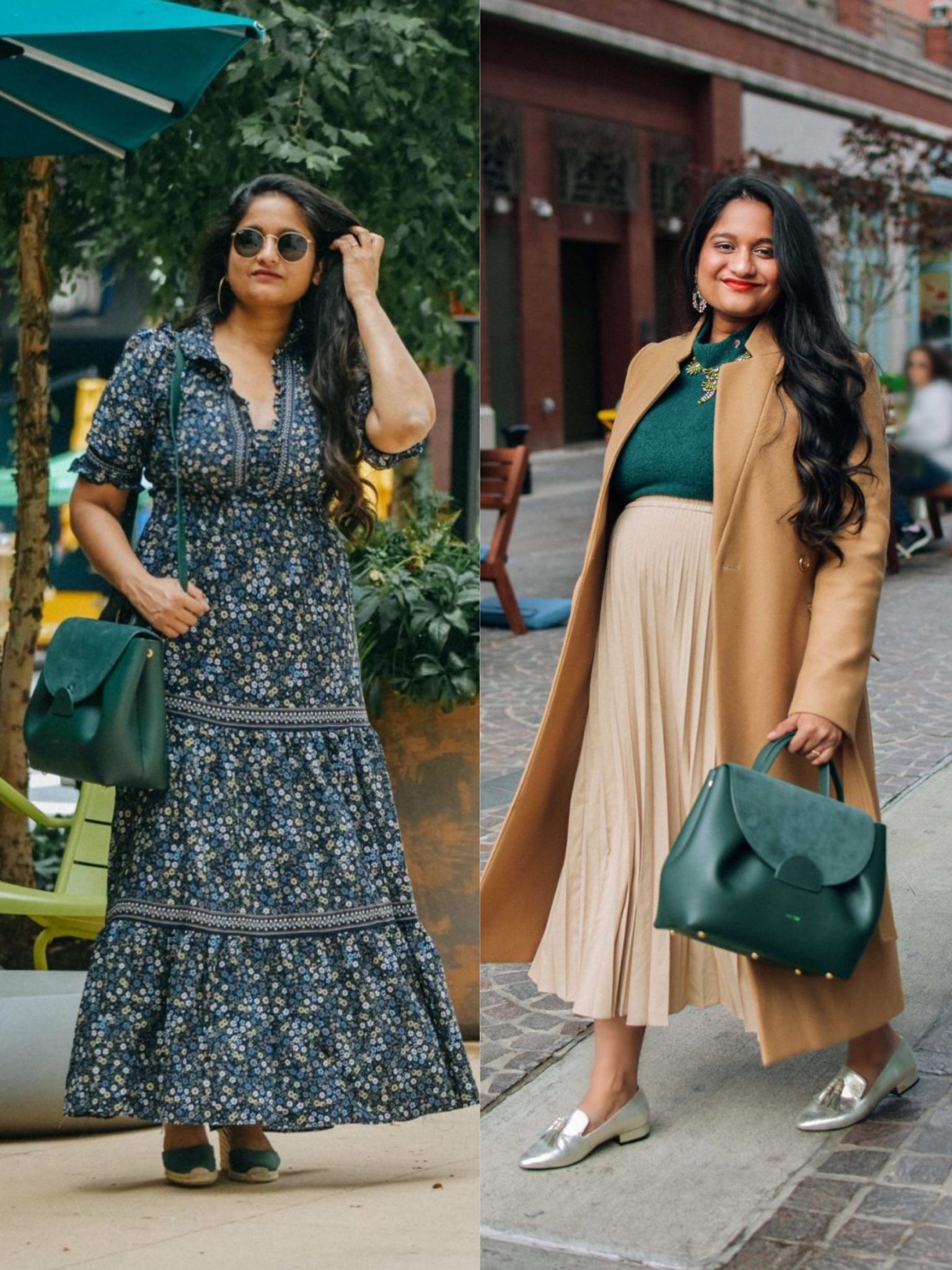 Polene Numero un Bag review and outfit ideas |   Handbags Under $500 by popular Maryland modest fashion blog, Dreaming Loud: collage image of a woman holding a Polene Numero Un in Trio green.