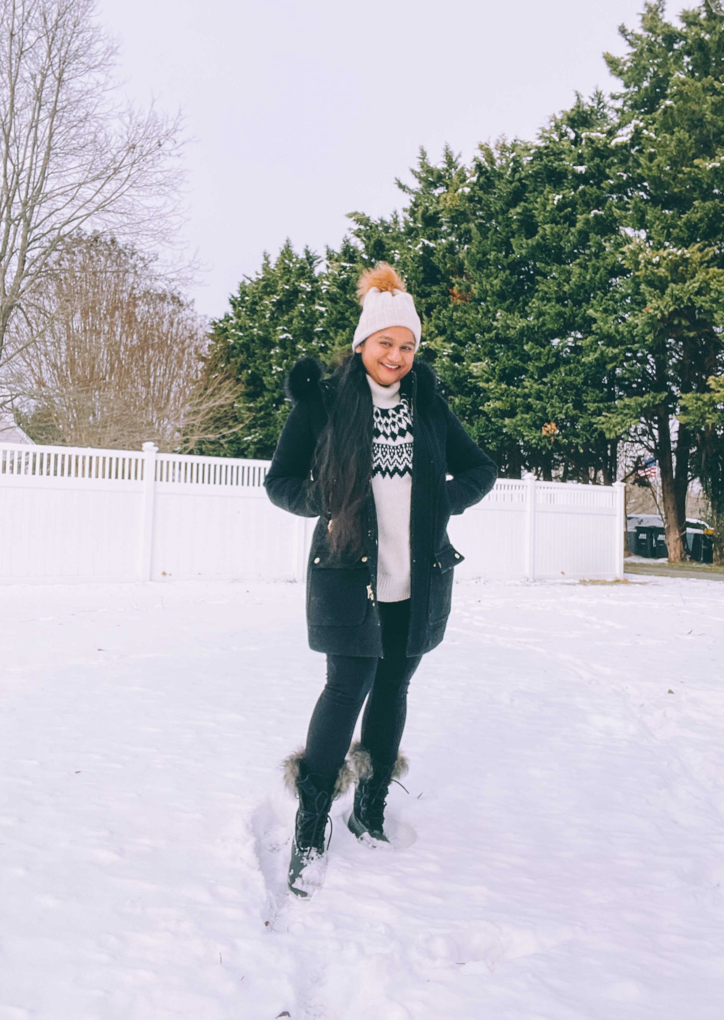 Wearing Lou & Grey Side Pocket Leggings,Fair Isle Sweater, J.crew Chateau parka in Italian stadium-cloth wool,Sorel Next snow boots.