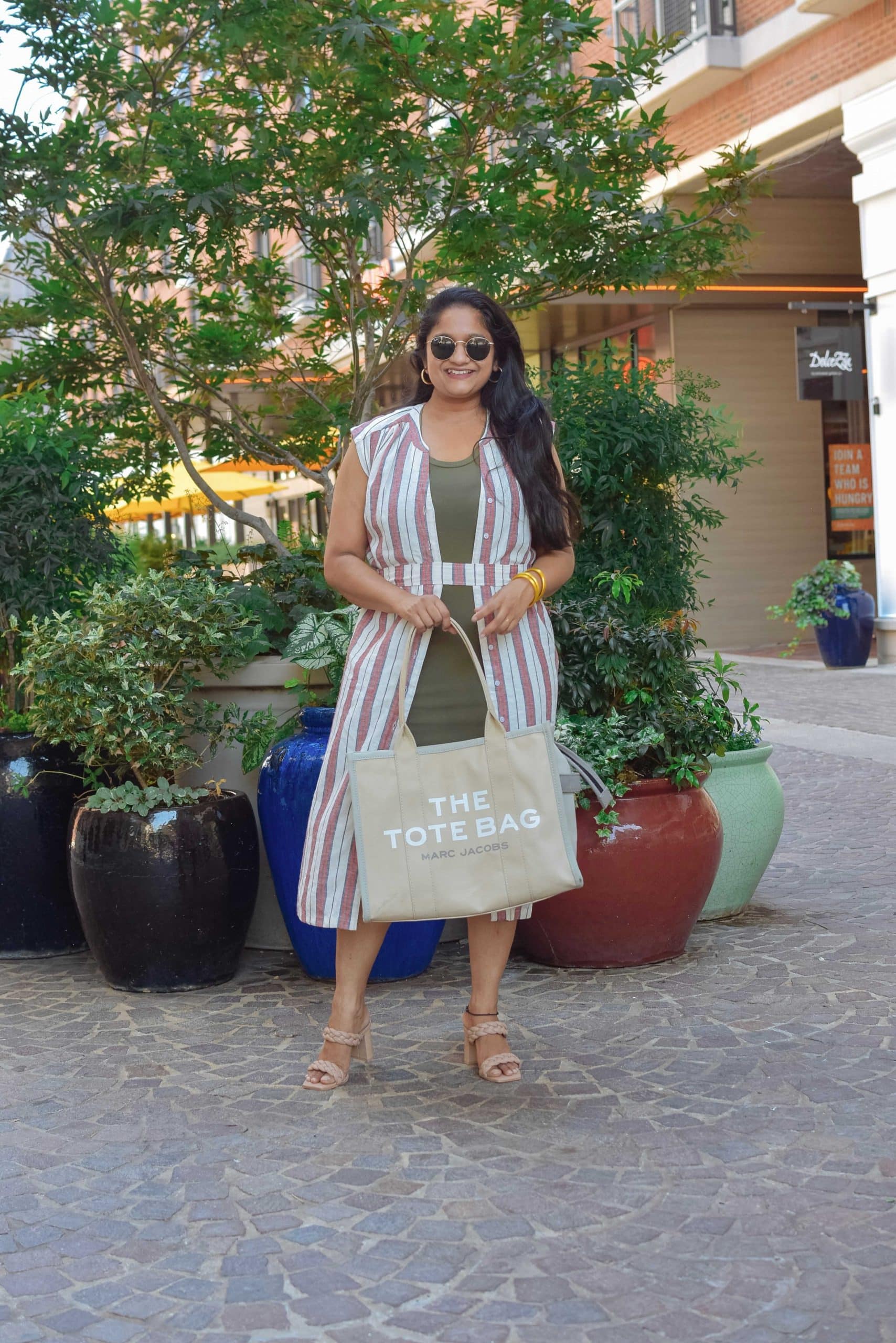 Wearing Banana Republic Factory Linen blend Shirtdress,t-shirt midi dress, Marc jacobs The Colorblock Large Tote Bag, Dolce Vita Paily Braided Double Strap High Heel Sandals