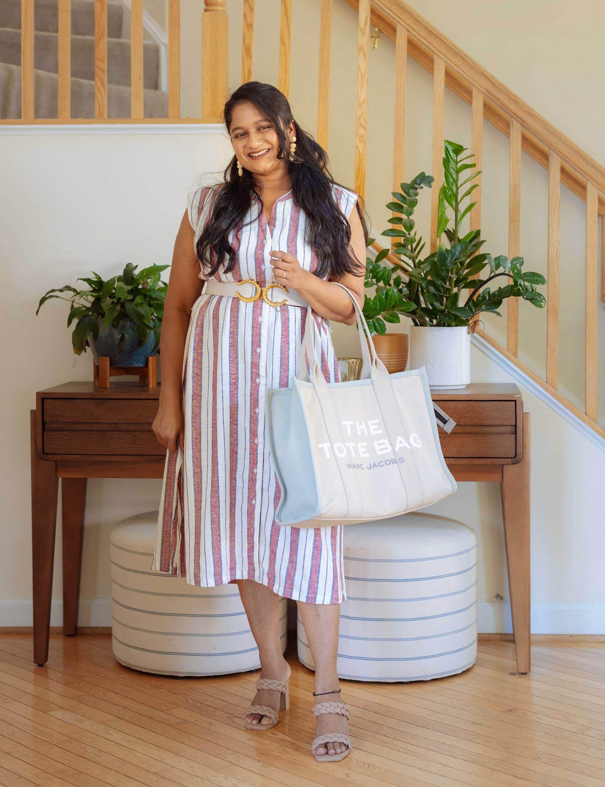 wearing BANANa Republic Factory LINEN-BLEND SHIRTDRESS, Raina Cici belt, Marc jacobs colorblock large tote, Dolce Vita Paily Braided Double Strap High Heel Sandals