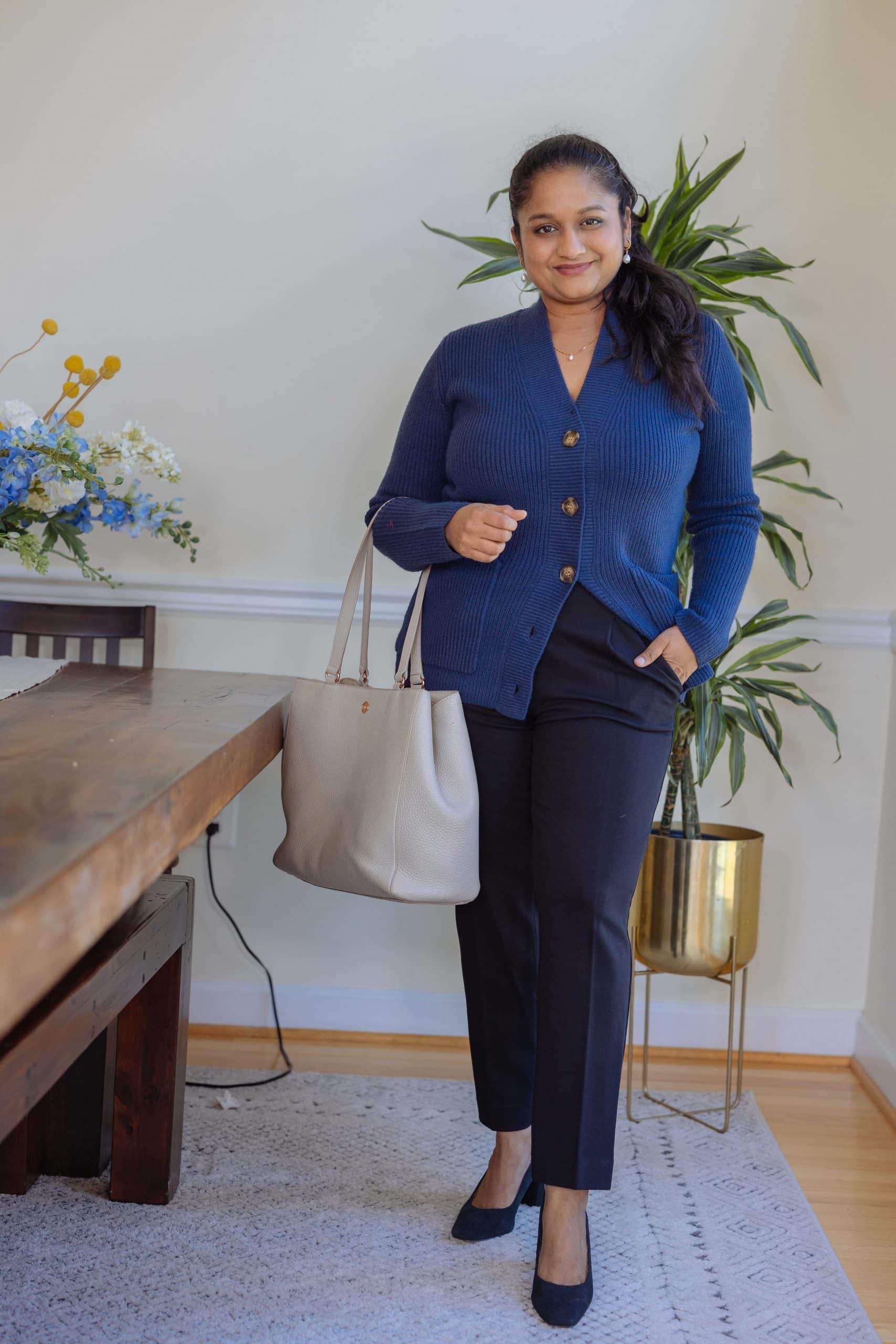 Fall 2022 Trend- Button Down Cardigan- Wearing Ann Taylor The High Waist Knit Easy Ankle Pant, Ann Taylor Ribbed Boyfriend Cardigan,Victoria Emerson Diana Gold Vermeil Pearl Droplet Necklace by Top Modest Fashion Blogger Dreaming Loud