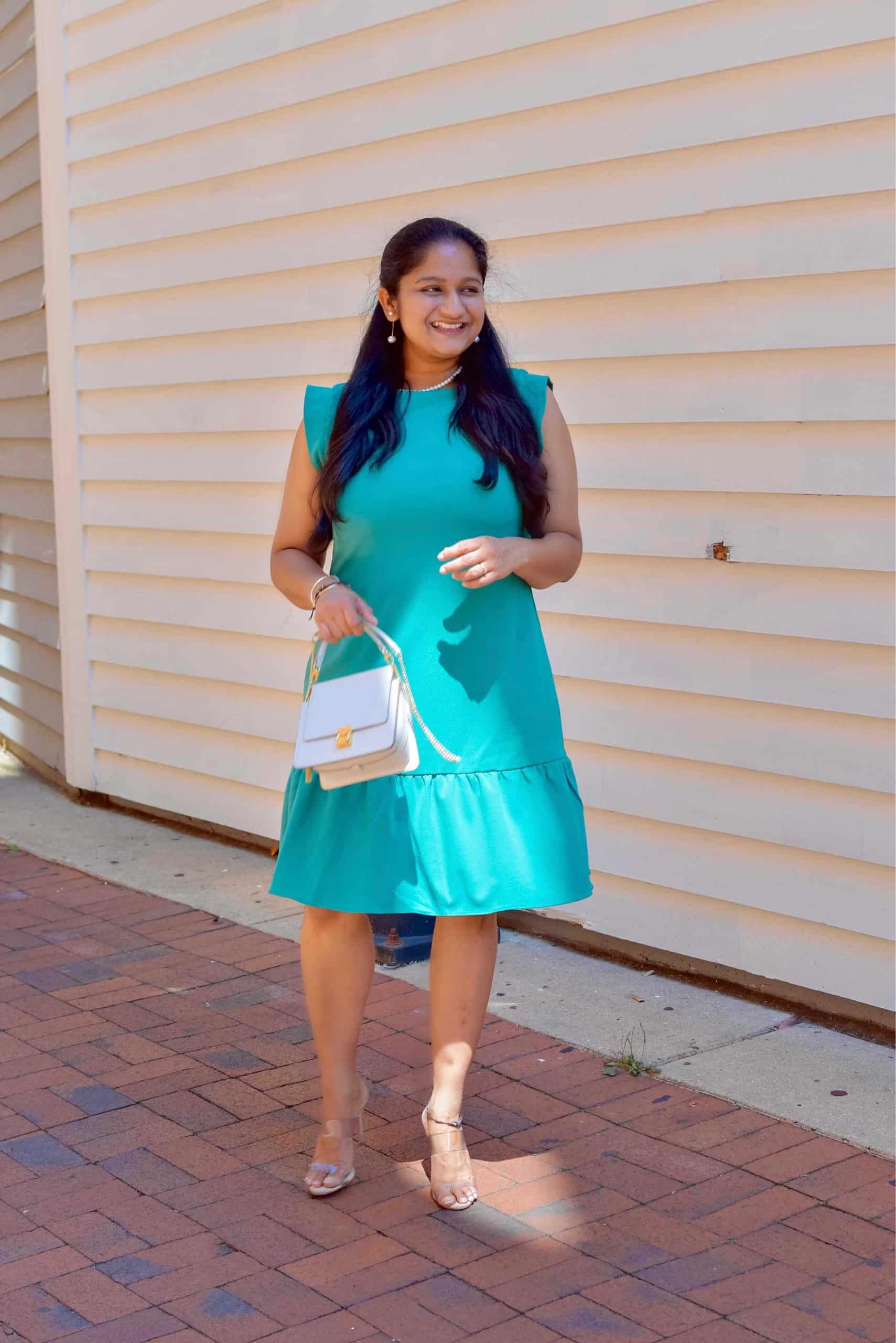 Workwear Dress-Wearing NordstromRack Maggy London Boatneck Cap Sleeve Ruffle Hem Crepe Shift Dress, Polene Numero Sept mini, Schutz Ariella heels3