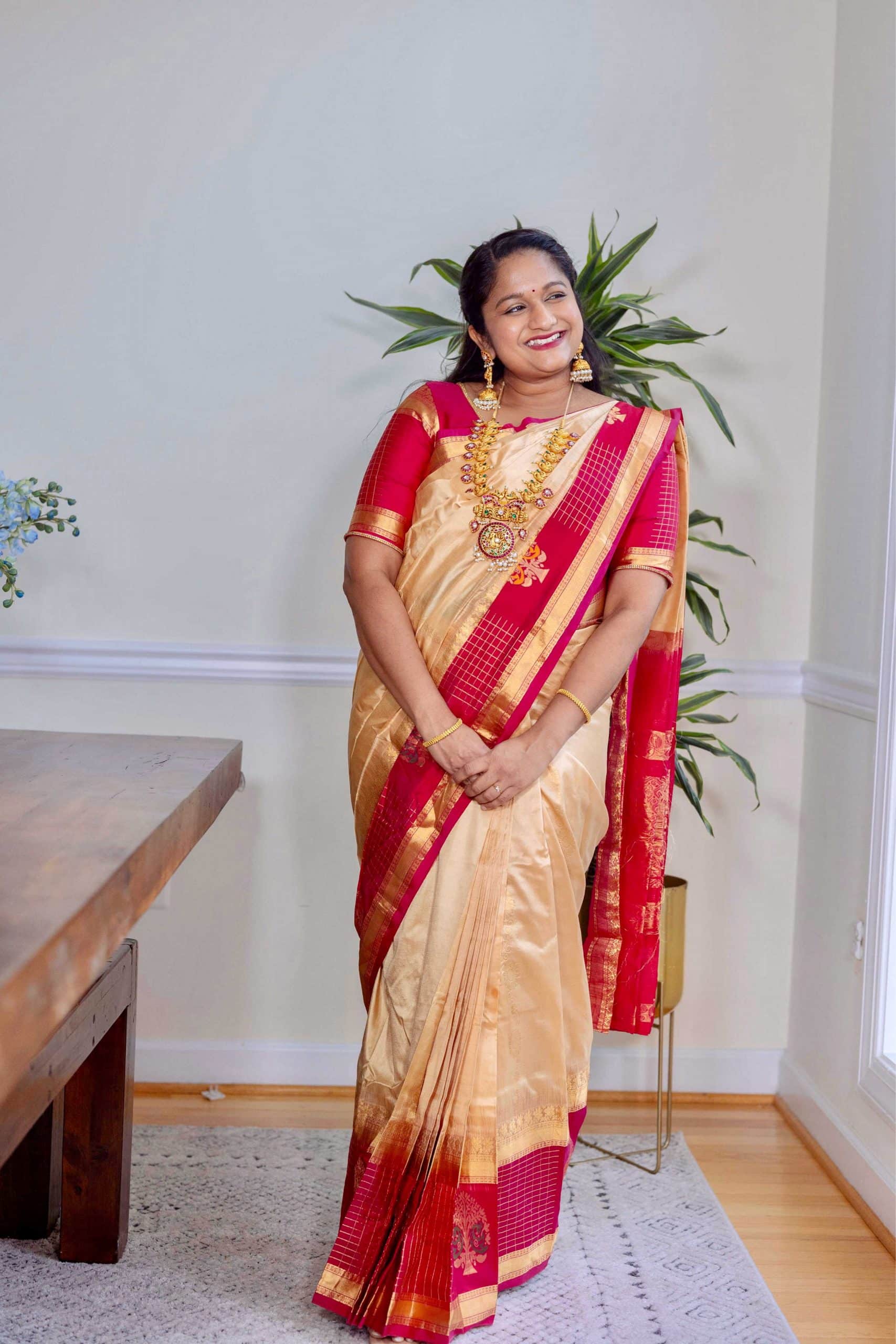 Navratri 2022 Day 1 white- Kanjeevaram Cream and Pink Saree, Jadau Kundan Mango mala necklace by Popular US Indian Blogger Dreaming Loud