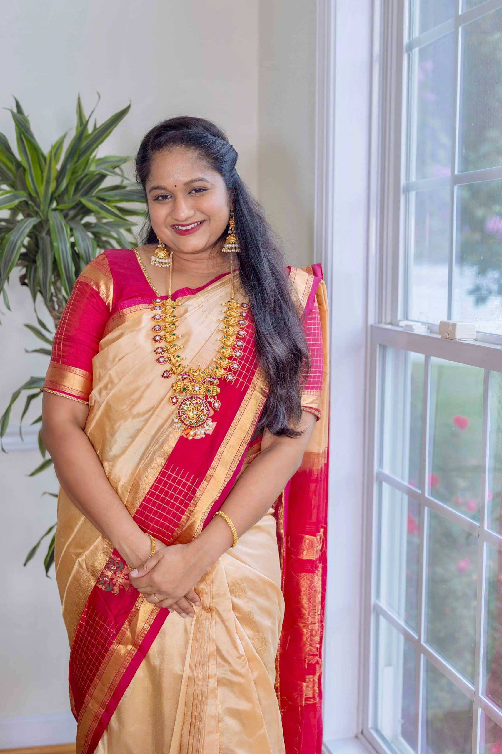 Navratri 2022 Day 1 white- Kanjeevaram Cream and Pink Saree, Jadau Kundan Mango mala necklace