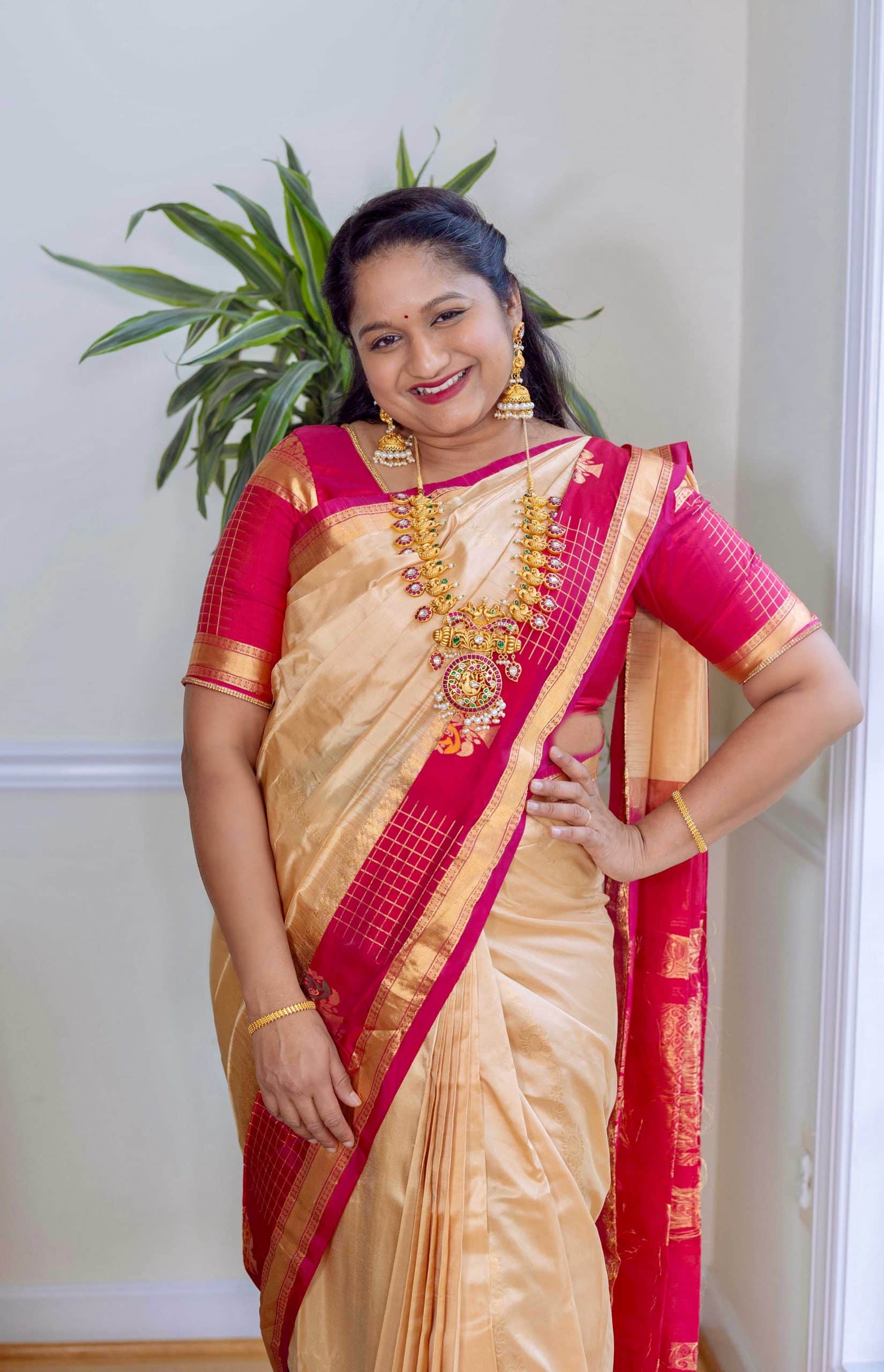 Navratri 2022 Day 1 white- Kanjeevaram Cream and Pink Saree, Jadau Kundan Mango mala necklace by Popular US Indian Blogger Dreaming Loud