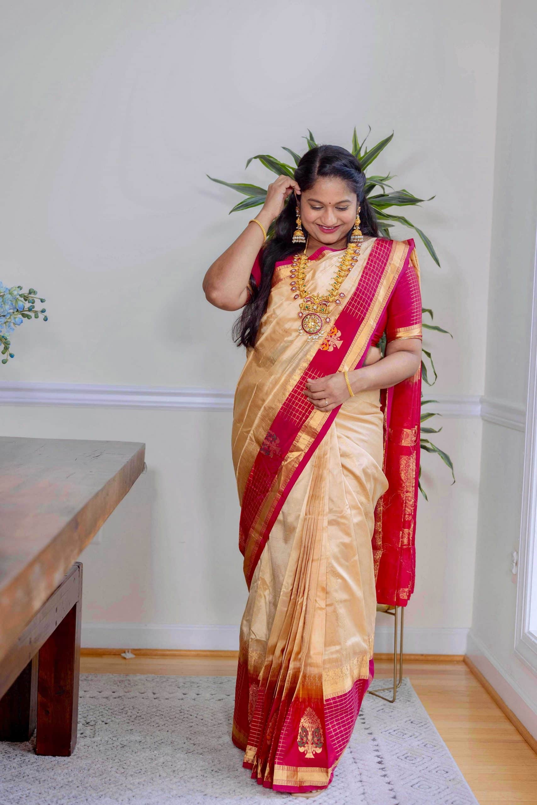 Navratri 2022 Day 1 white- Kanjeevaram Cream and Pink Saree, Jadau Kundan Mango mala necklace by Popular US Indian Blogger Dreaming Loud