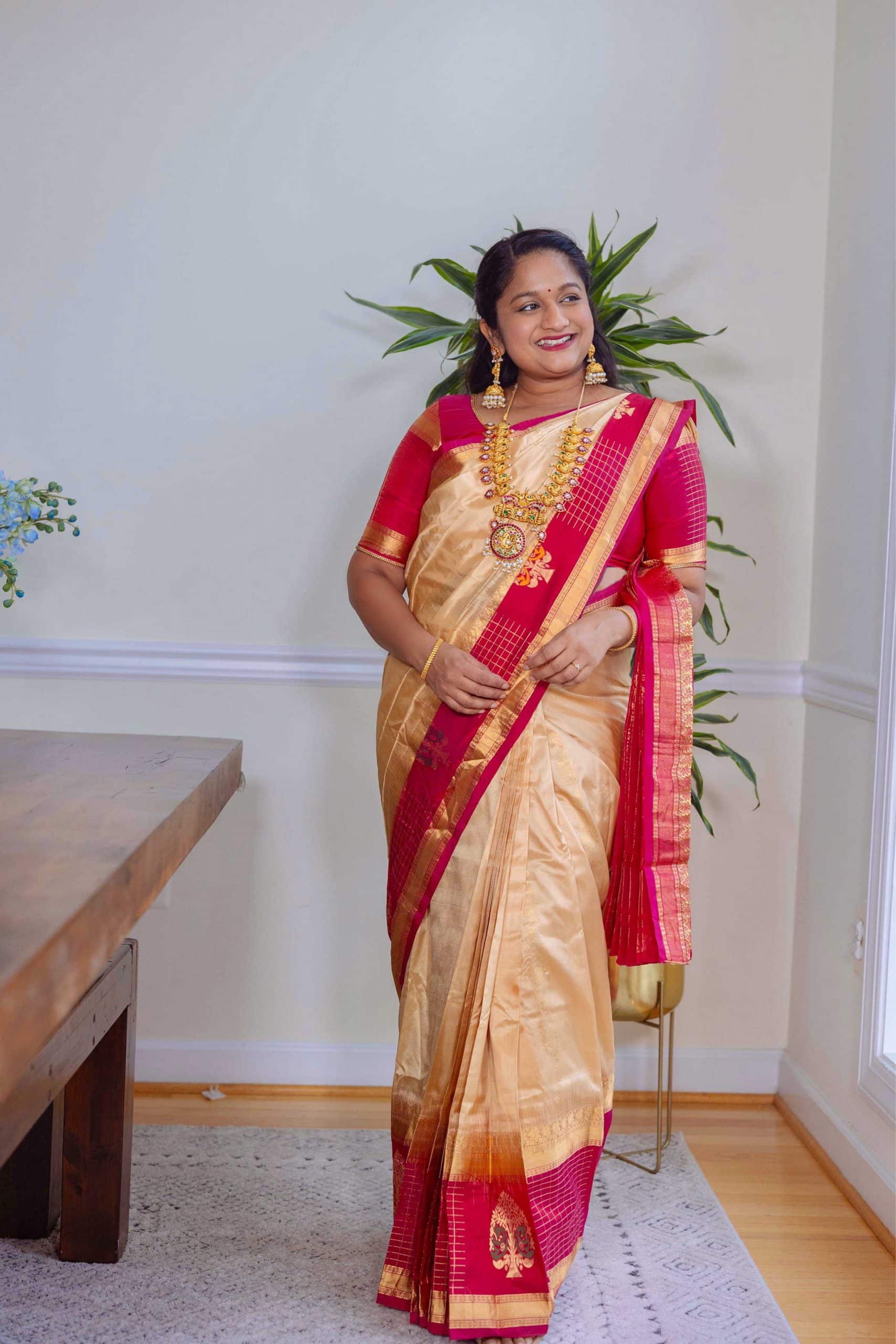 Navratri 2022 Day 1 white- Kanjeevaram Cream and Pink Saree, Jadau Kundan Mango mala necklace by Popular US Indian Blogger Dreaming Loud