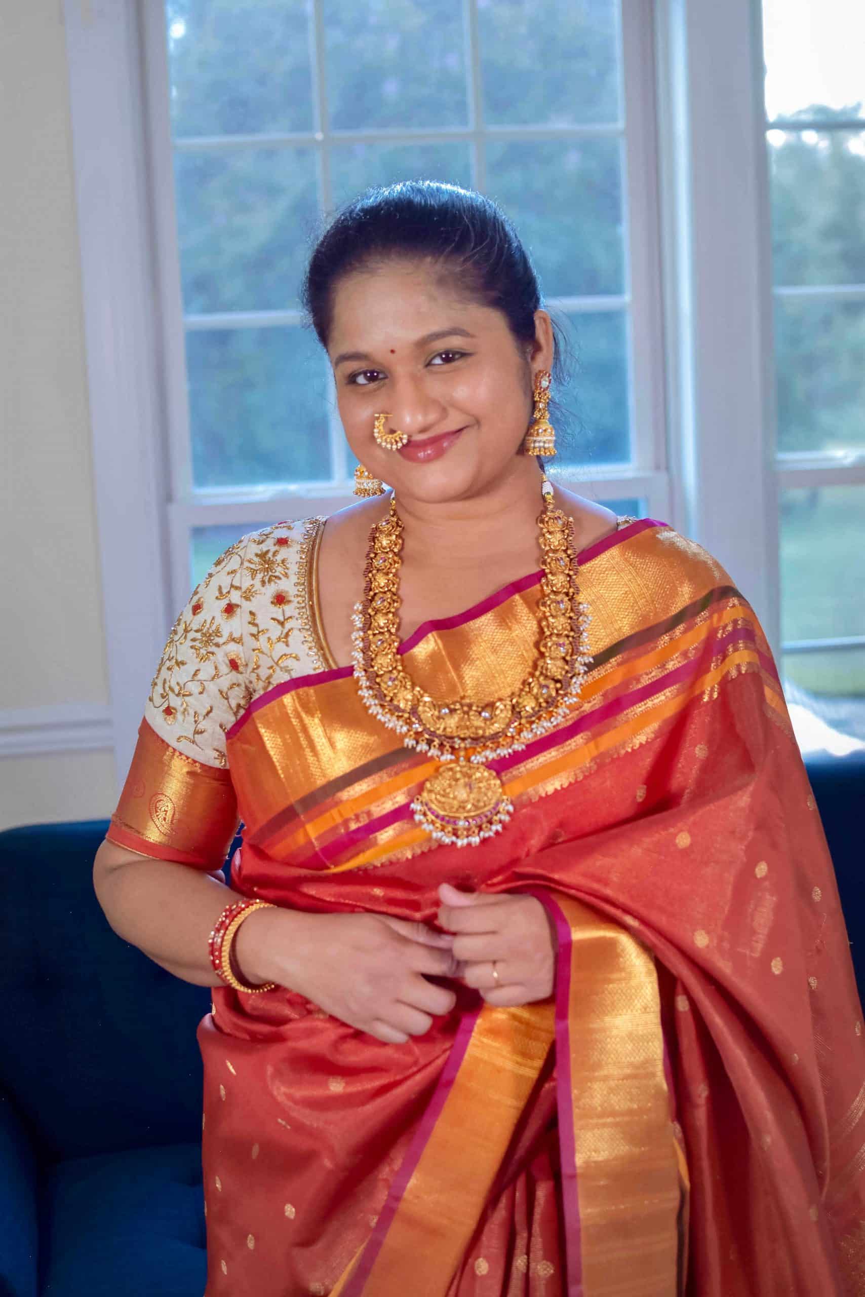 Navratri 2022 Day 2 Outfit- Red Vaira oosi Kanchi Silk Saree , Nakshi Necklace,Nose ring by top US Indian blogger Dreaming Loud