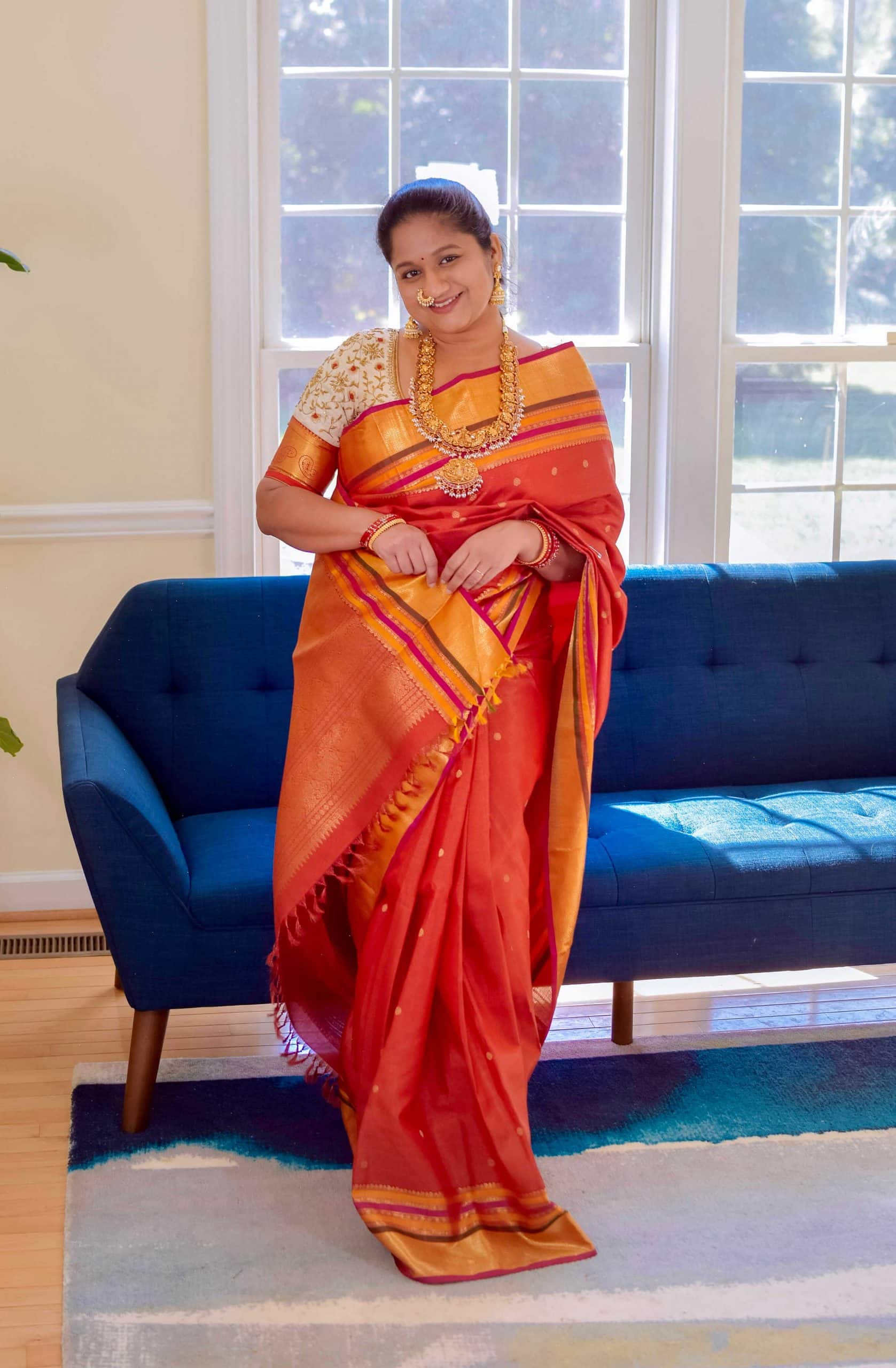 Navratri 2022 Day 2 Outfit- Red Vaira oosi Kanchi Silk Saree , Nakshi Necklace,Nose ring by top US Indian blogger Dreaming Loud