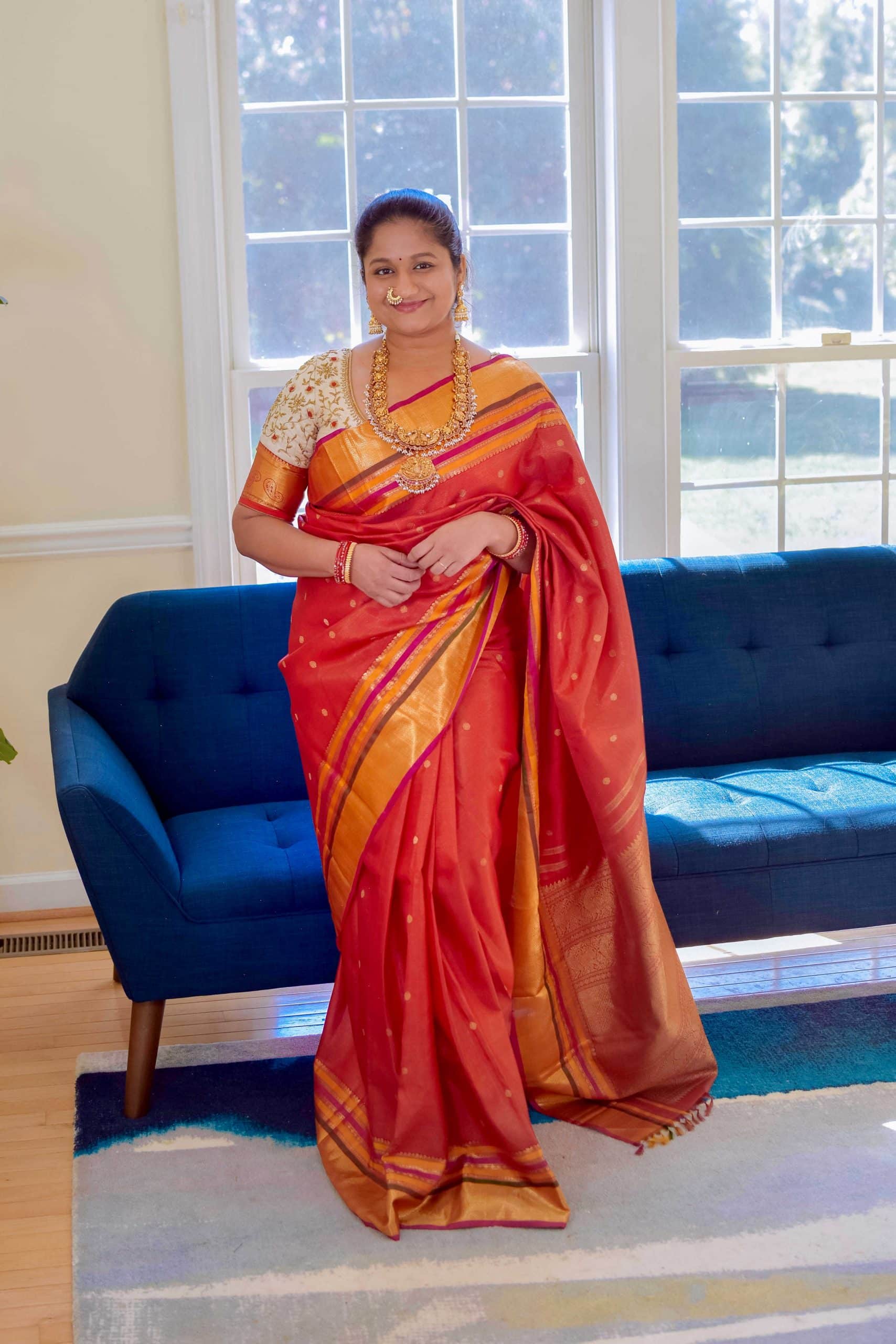 Navratri 2022 Day 2 Outfit- Red Vaira oosi Kanchi Silk Saree , Nakshi Necklace,Nose ring by top US Indian blogger Dreaming Loud