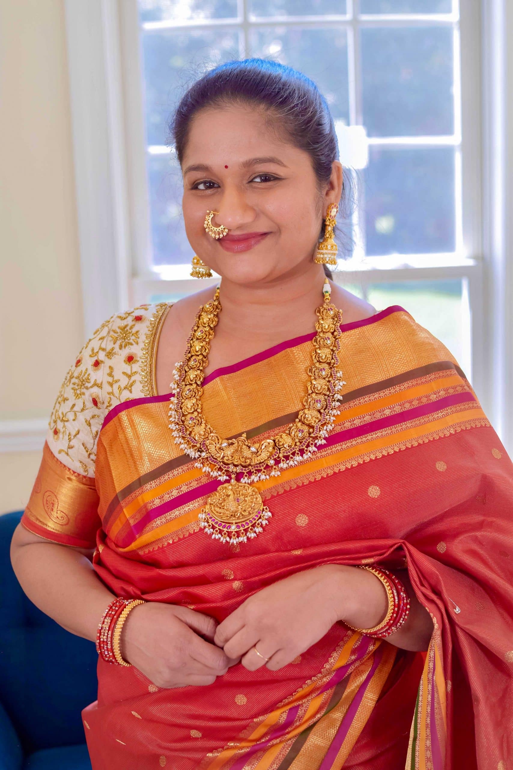 Navratri 2022 Day 2 Outfit- Red Vaira oosi Kanchi Silk Saree , Nakshi Necklace,Nose ring by top US Indian blogger Dreaming Loud