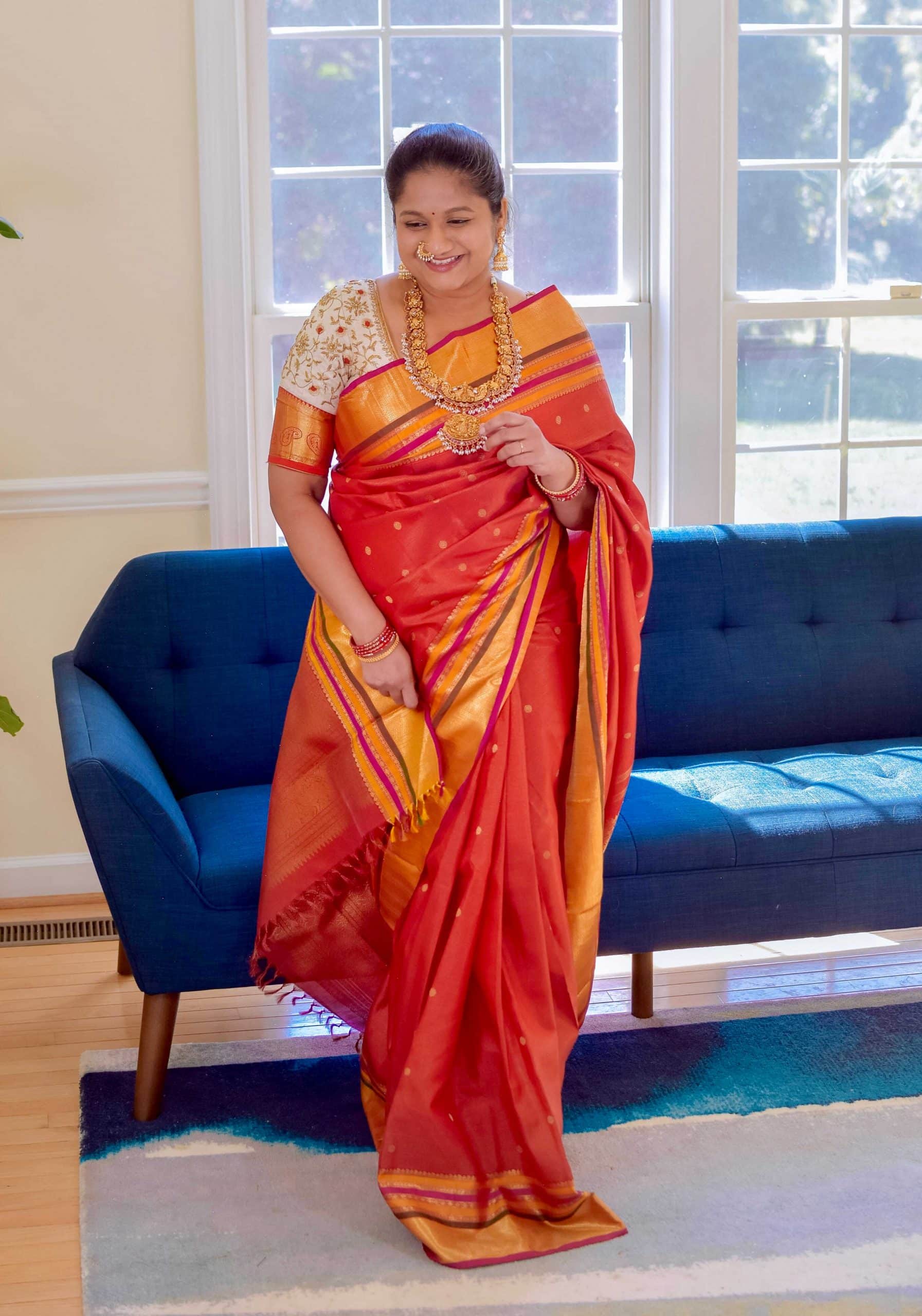 Navratri 2022 Day 2 Outfit- Red Vaira oosi Kanchi Silk Saree , Nakshi Necklace,Nose ring by top US Indian blogger Dreaming Loud