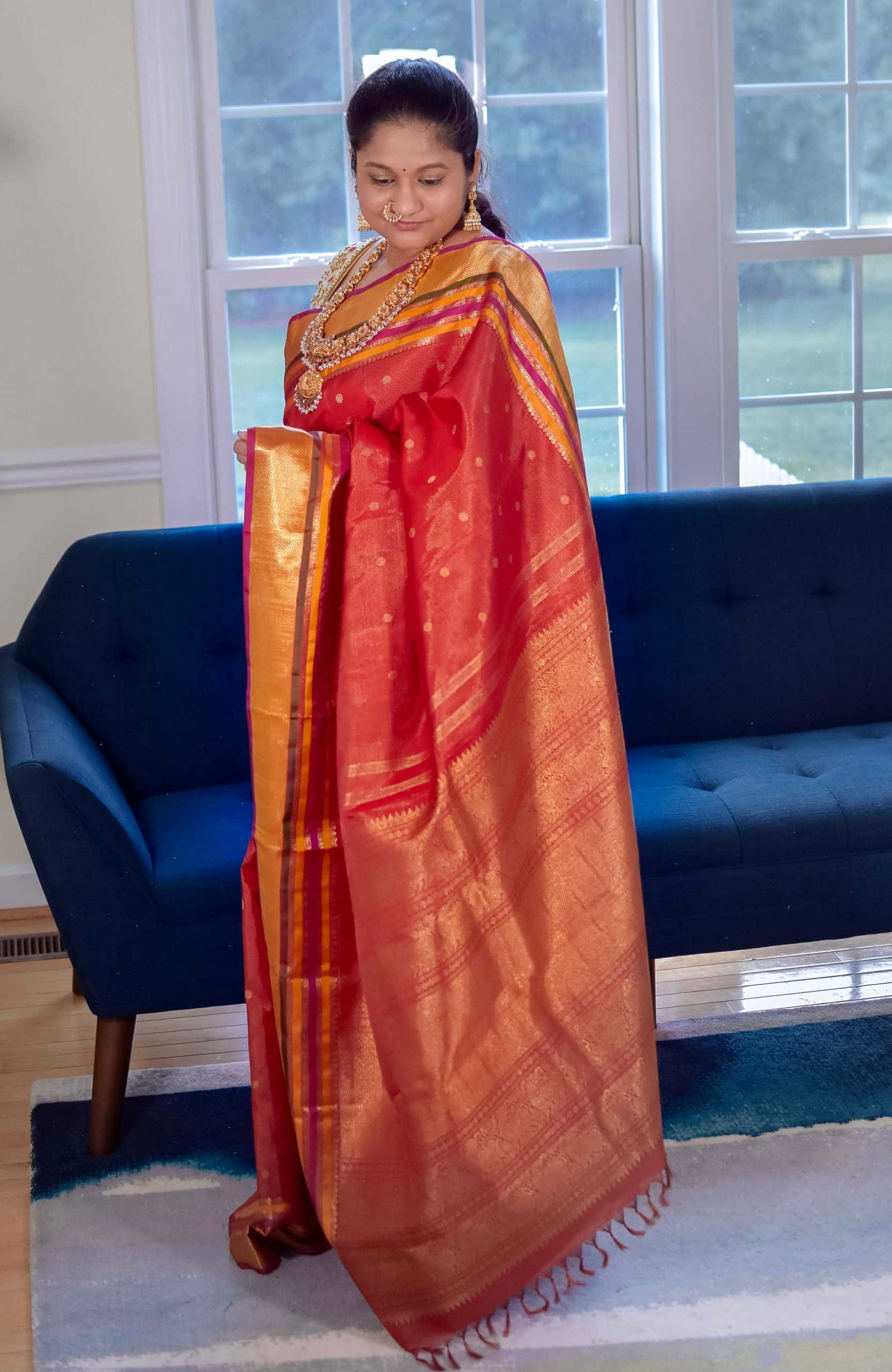 Navratri 2022 Day 2 Outfit- Red Vaira oosi Kanchi Silk Saree , Nakshi Necklace,Nose ring by top US Indian blogger Dreaming Loud