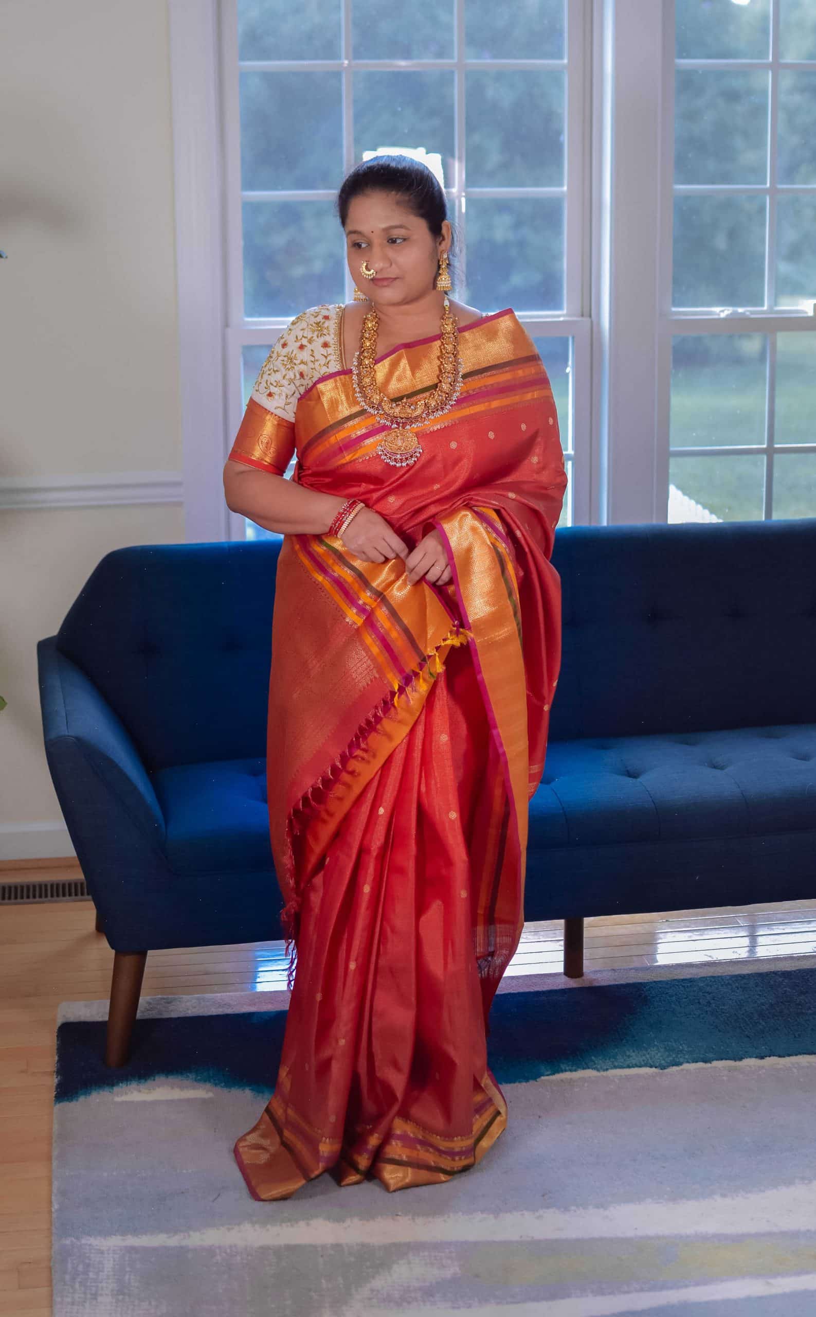 Navratri 2022 Day 2 Outfit- Red Vaira oosi Kanchi Silk Saree , Nakshi Necklace,Nose ring by top US Indian blogger Dreaming Loud