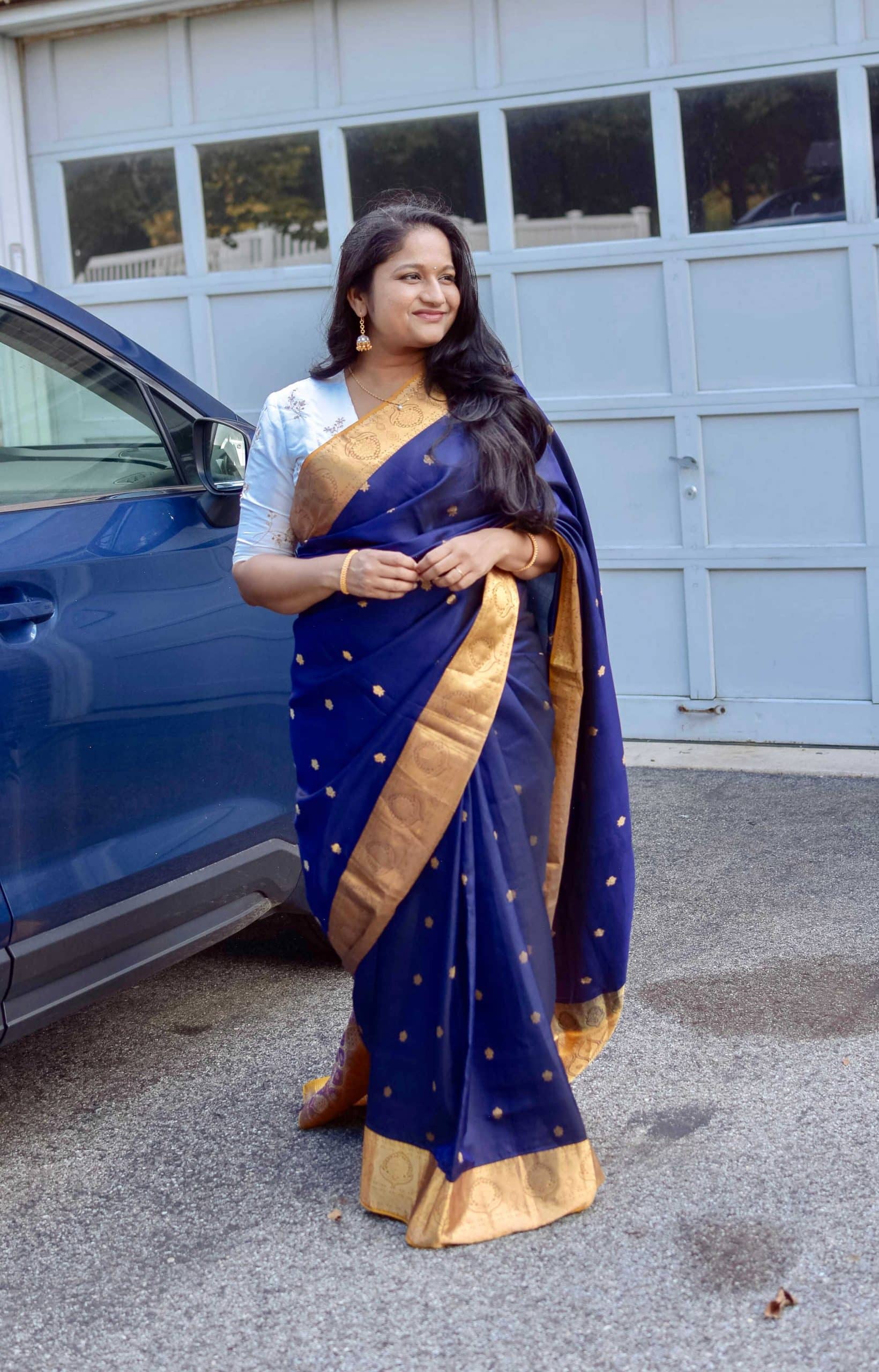 Navratri 2022 Day 3 Outfit- Royal Blue Gadwal Saree by top US Indian blogger dreaming loud