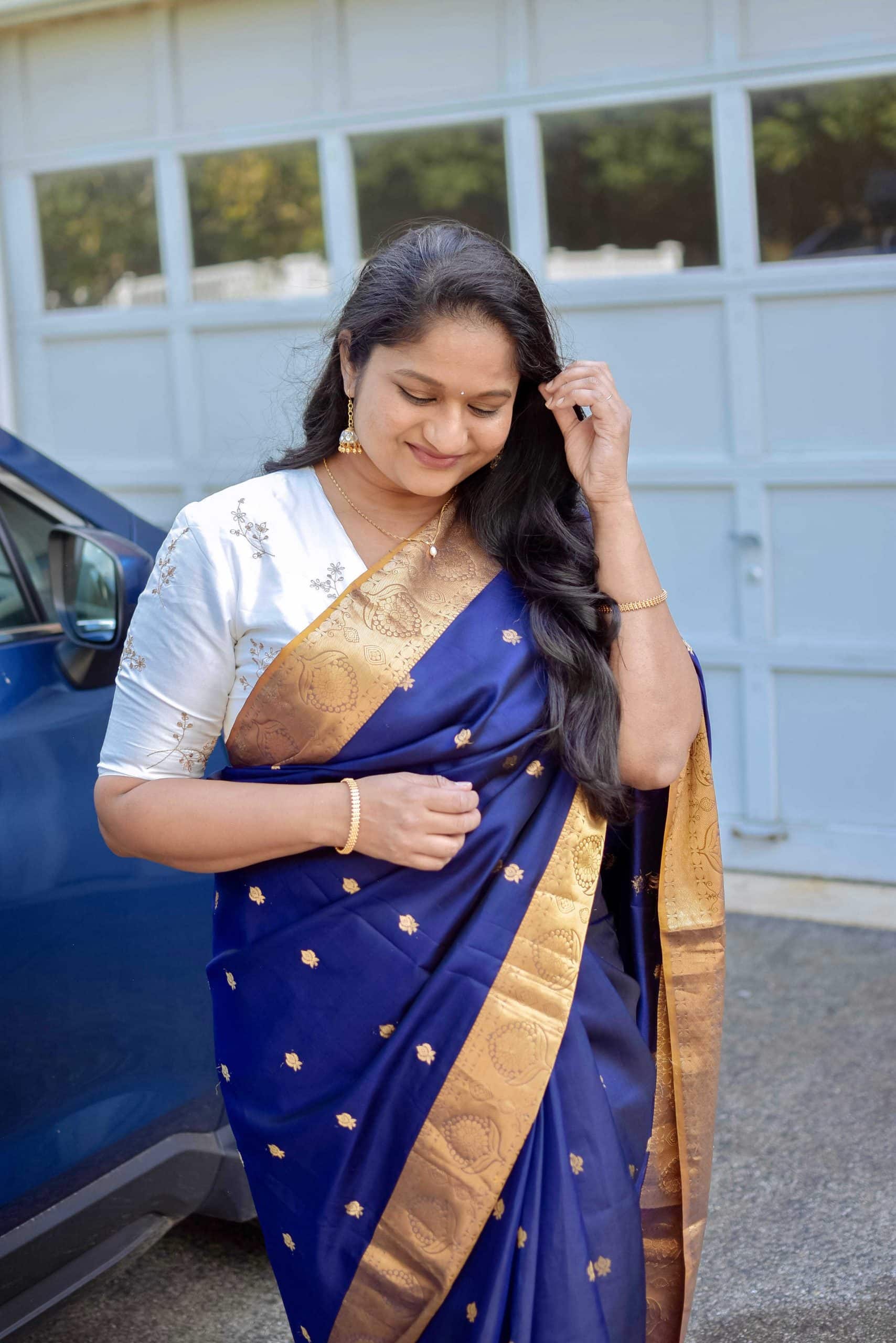 Navratri 2022 Day 3 Outfit- Royal Blue Gadwal Saree by top US Indian blogger dreaming loud