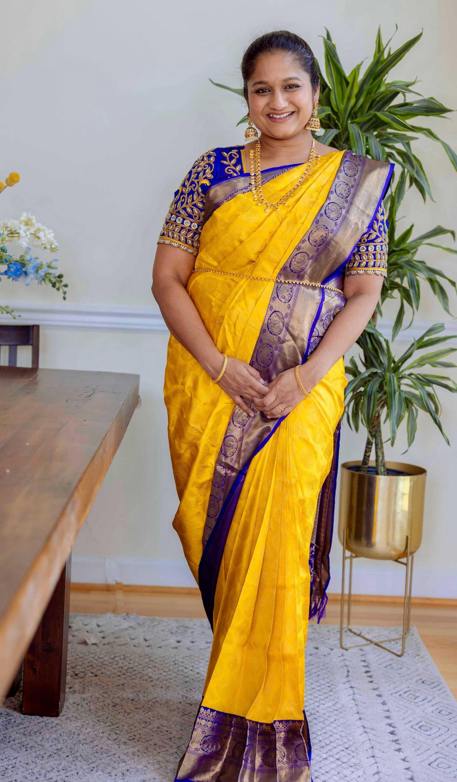 Navratri 2022 Day 4 Outfit- Yellow and blue Kanjeevaram Saree by Top US Indian Blogger Dreaming Loud